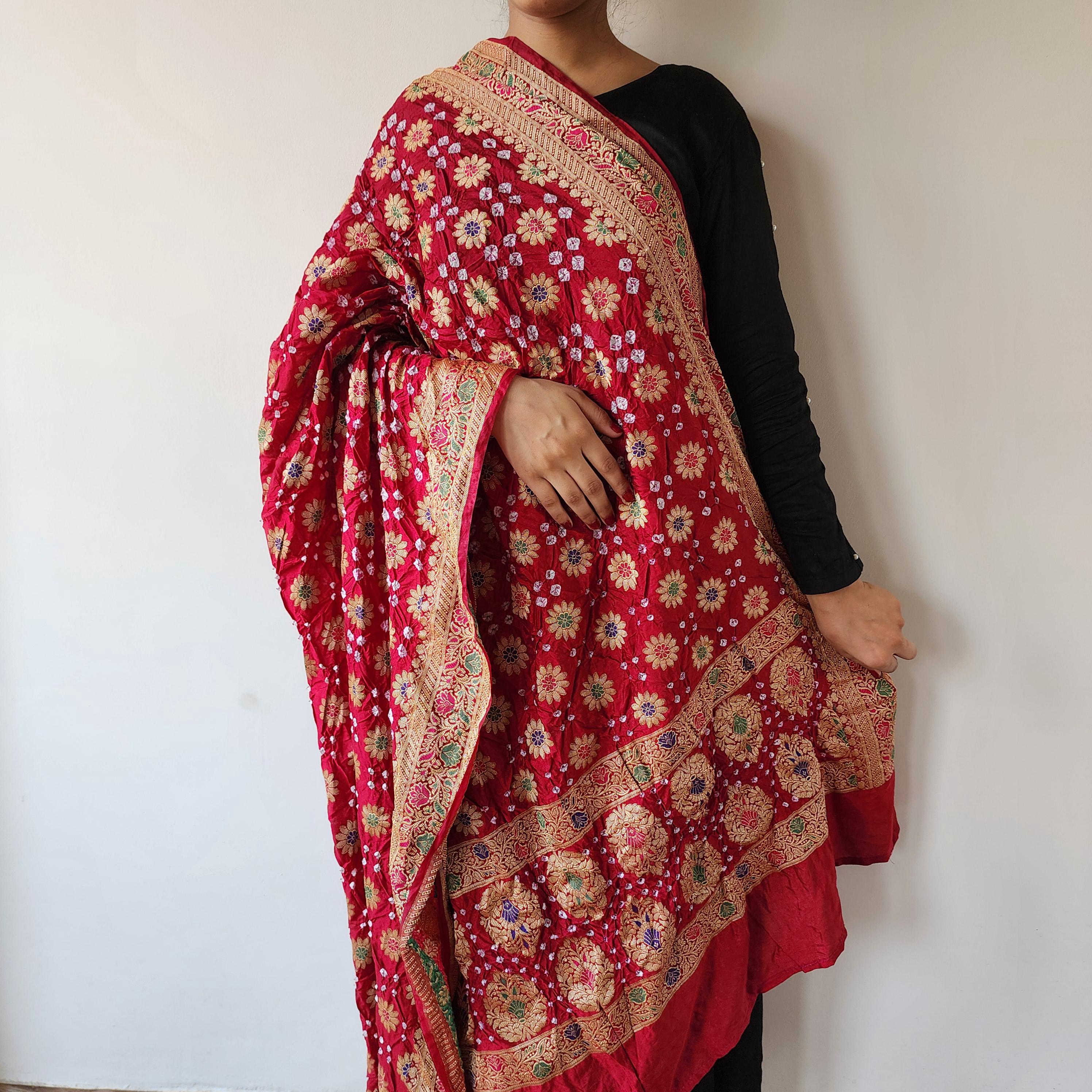 Deep Rich Red Banarasi Bandhni dupatta with Banarasi Meenakari work