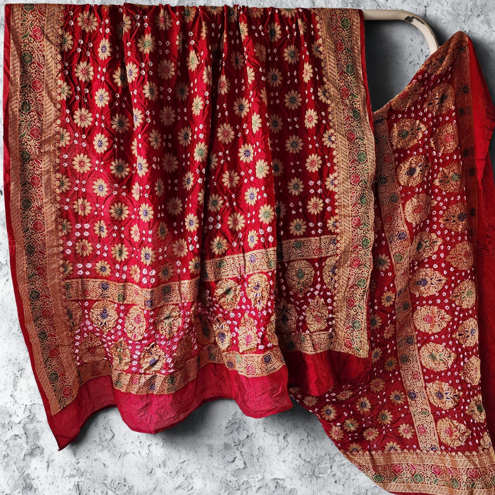 Deep Rich Red Banarasi Bandhni dupatta with Banarasi Meenakari work