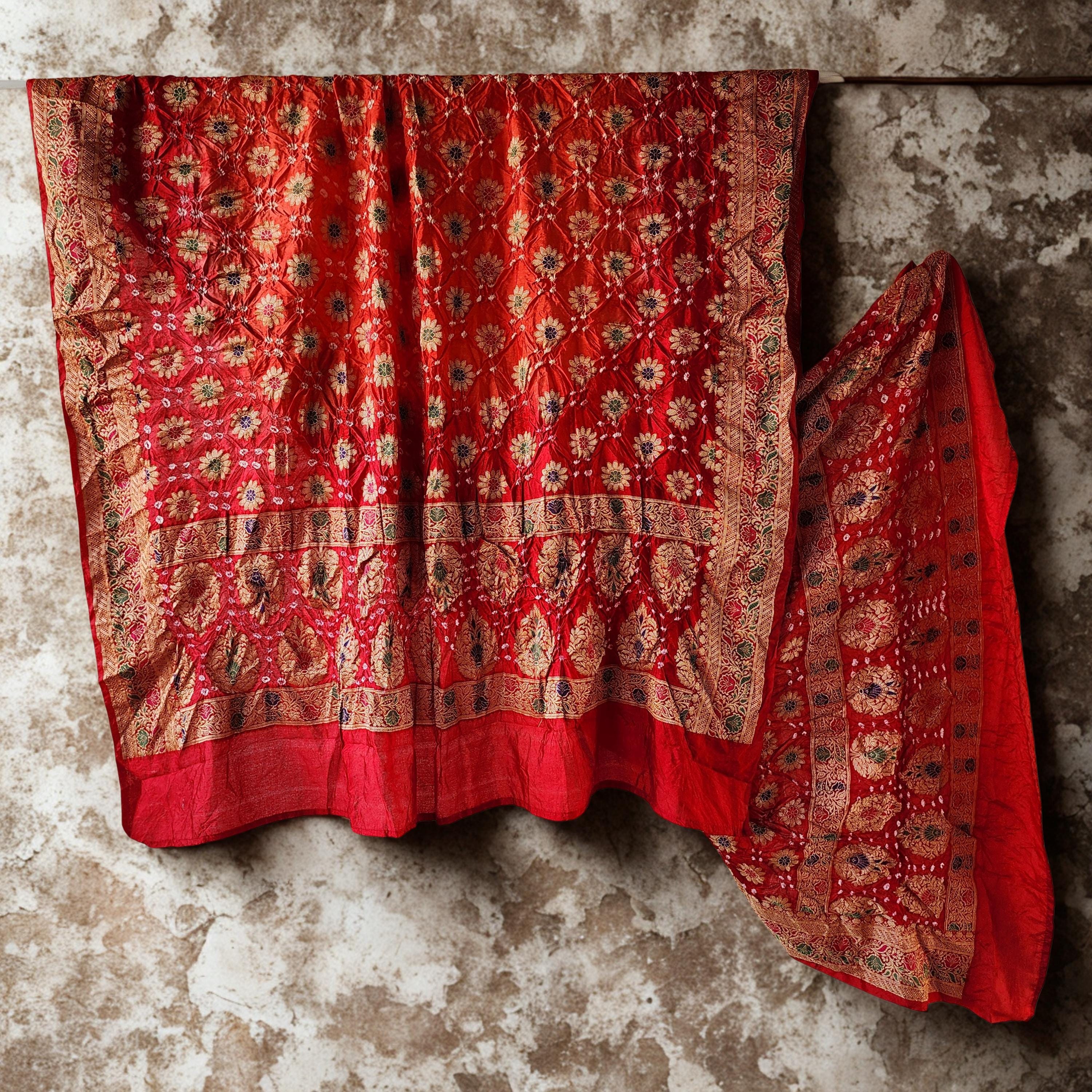 Dual-Tone Orange & Red Bandhni dupatta with Banarasi Meenakari work