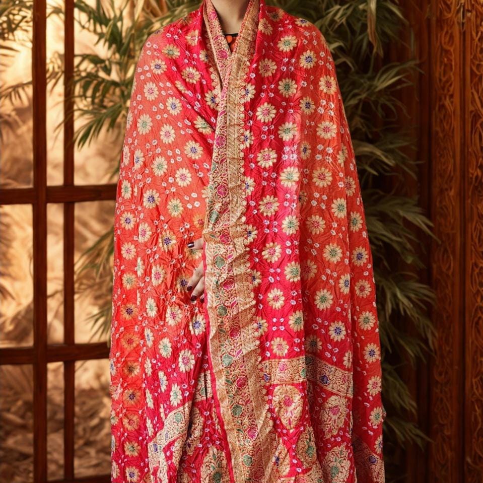 Dual-Tone Orange & Red Bandhni dupatta with Banarasi Meenakari work
