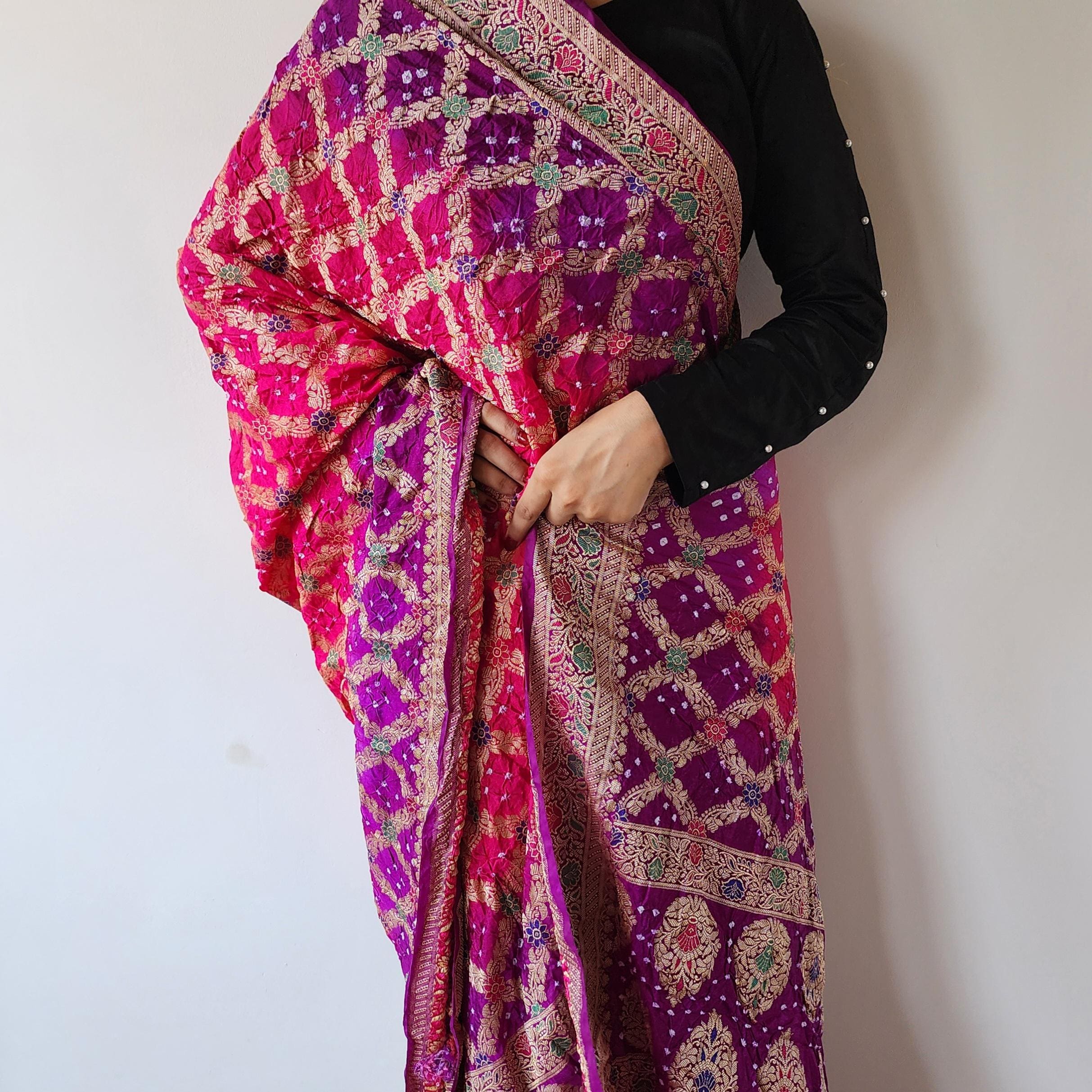 Dual-Tone Rani Pink & Purple Bandhni dupatta with Banarasi Meenakari work