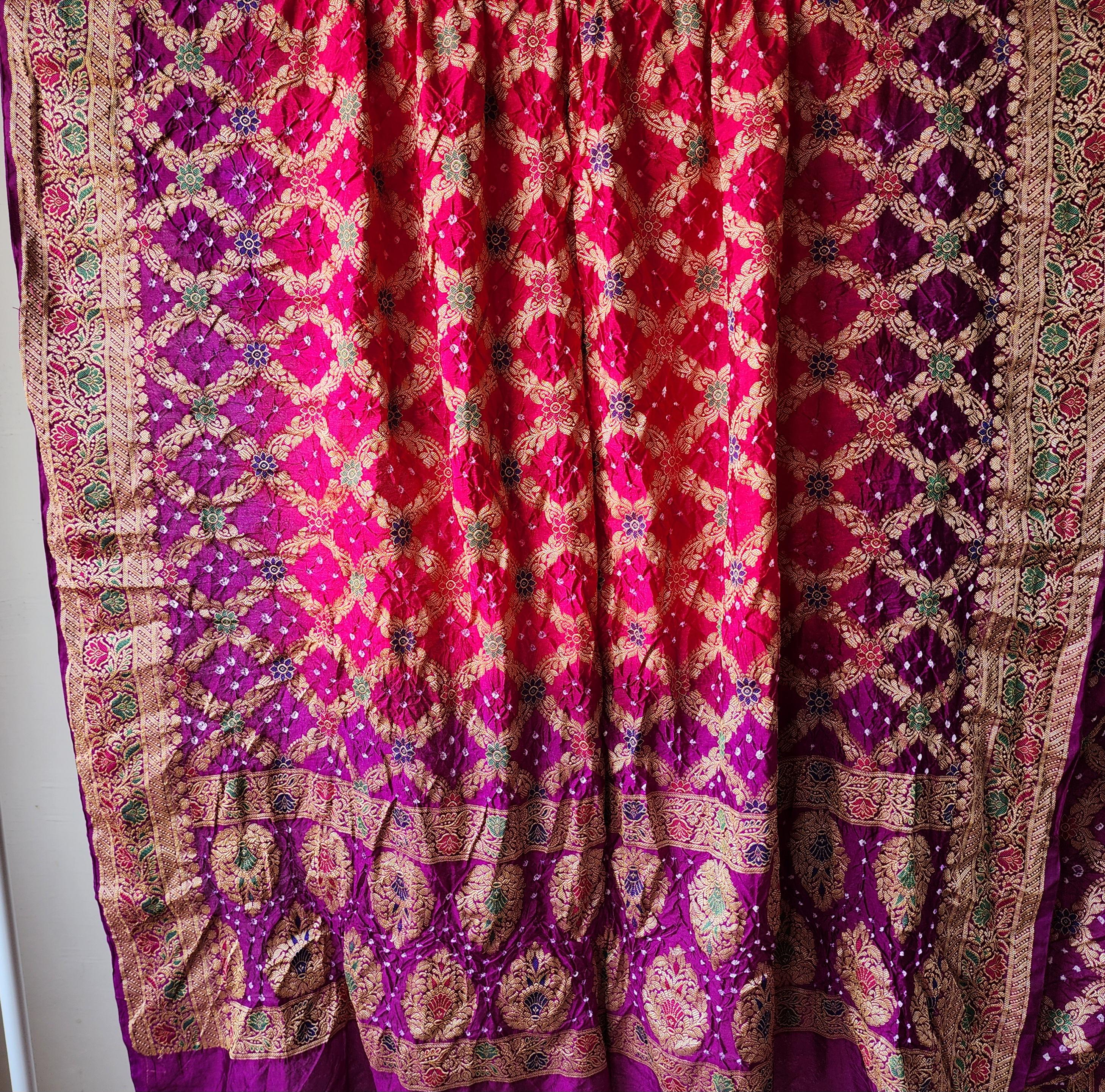 Dual-Tone Rani Pink & Purple Bandhni dupatta with Banarasi Meenakari work