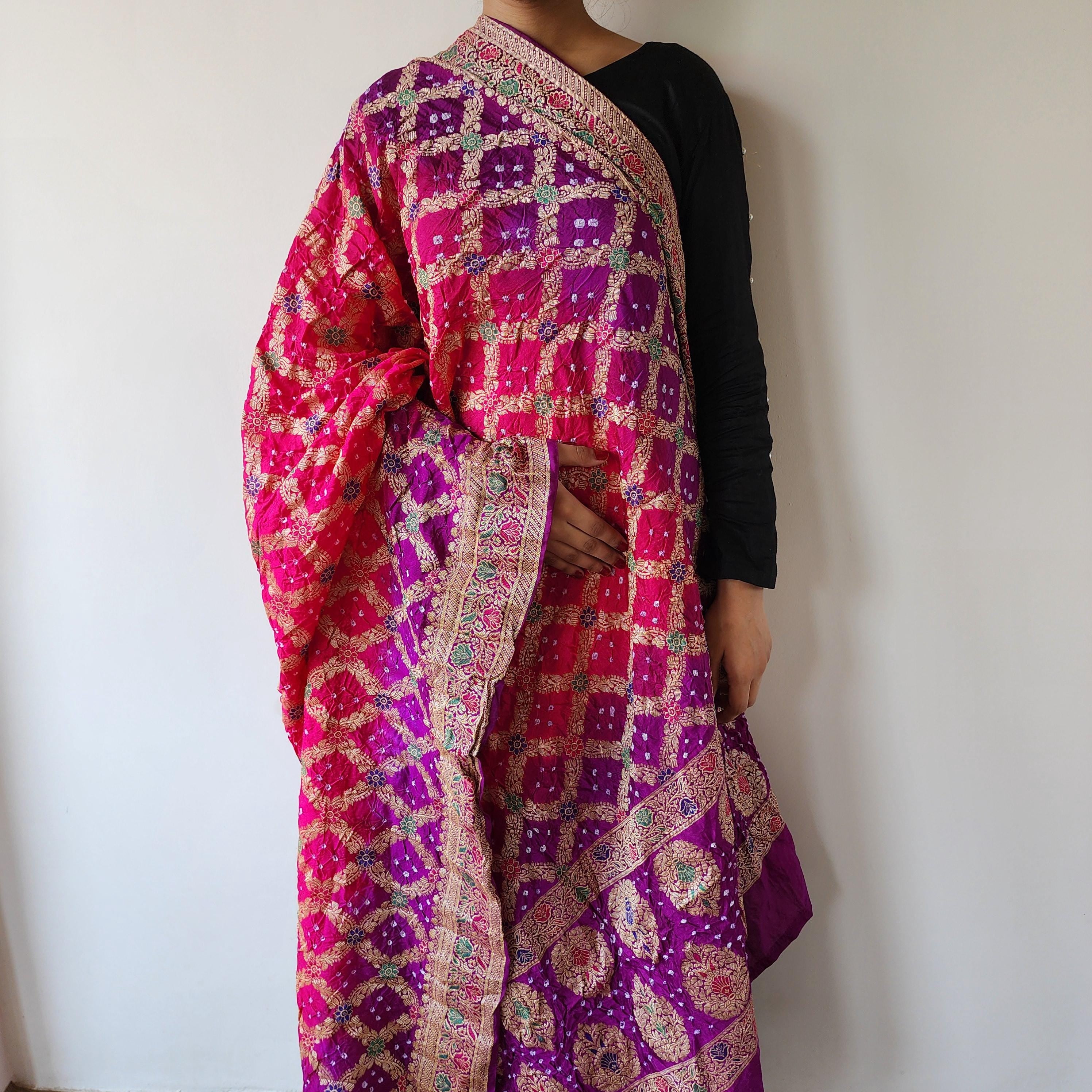Dual-Tone Rani Pink & Purple Bandhni dupatta with Banarasi Meenakari work