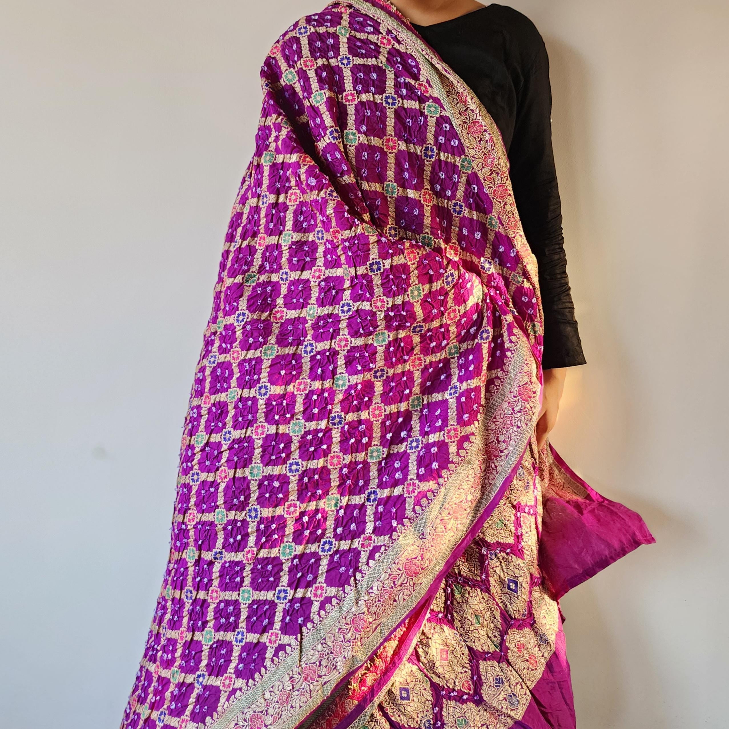 Deep Purple Bandhni dupatta with Banarasi Meenakari work
