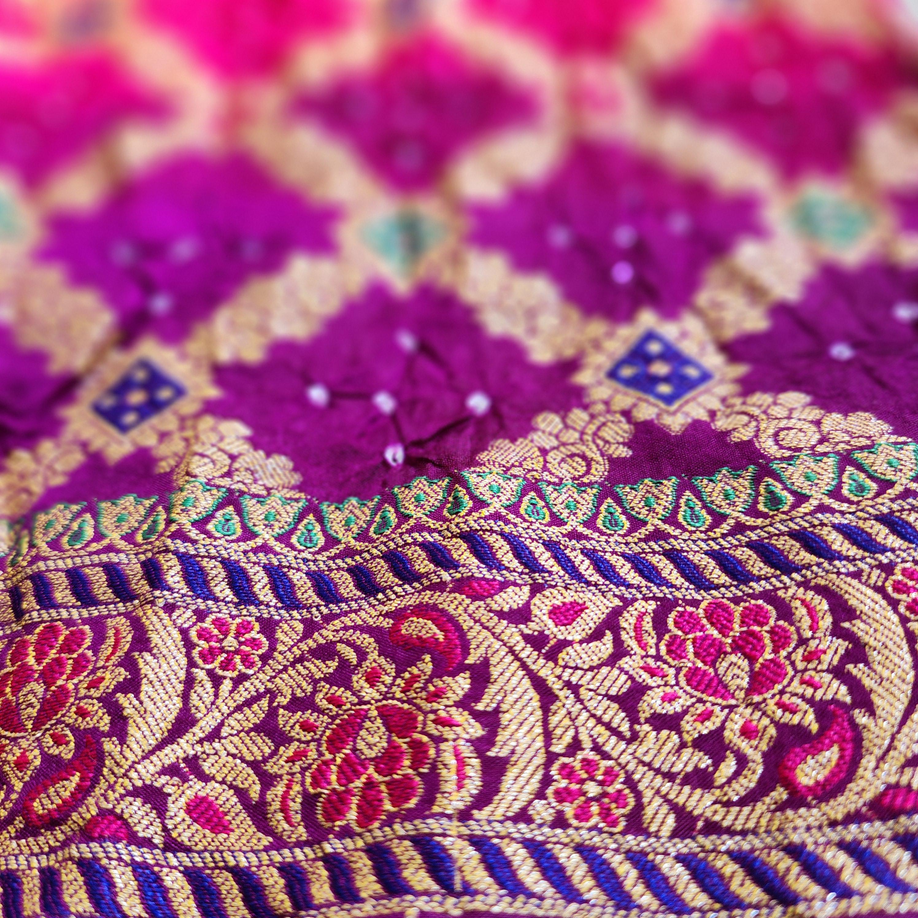 Dual-Tone Rani Pink & Purple Bandhni dupatta with Banarasi Meenakari work