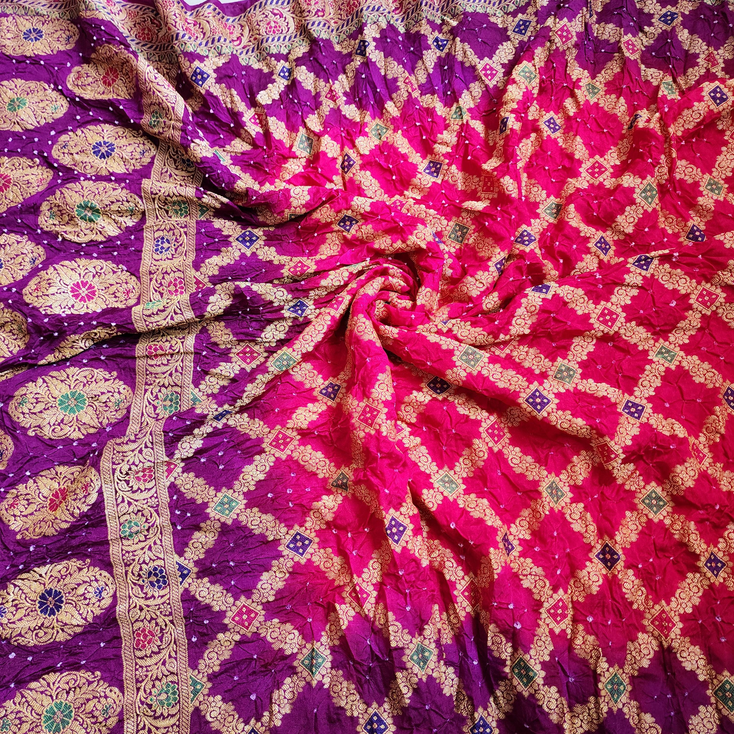 Dual-Tone Rani Pink & Purple Bandhni dupatta with Banarasi Meenakari work