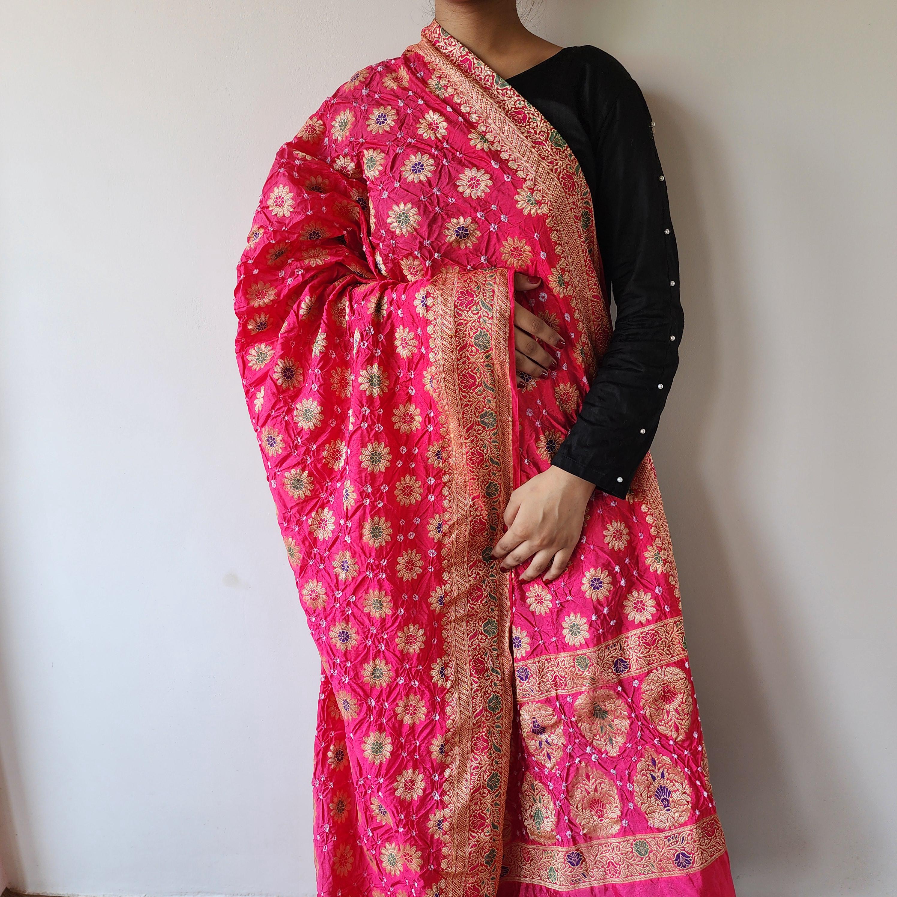 Vibrant Pink Bandhni dupatta with Banarasi Meenakari work