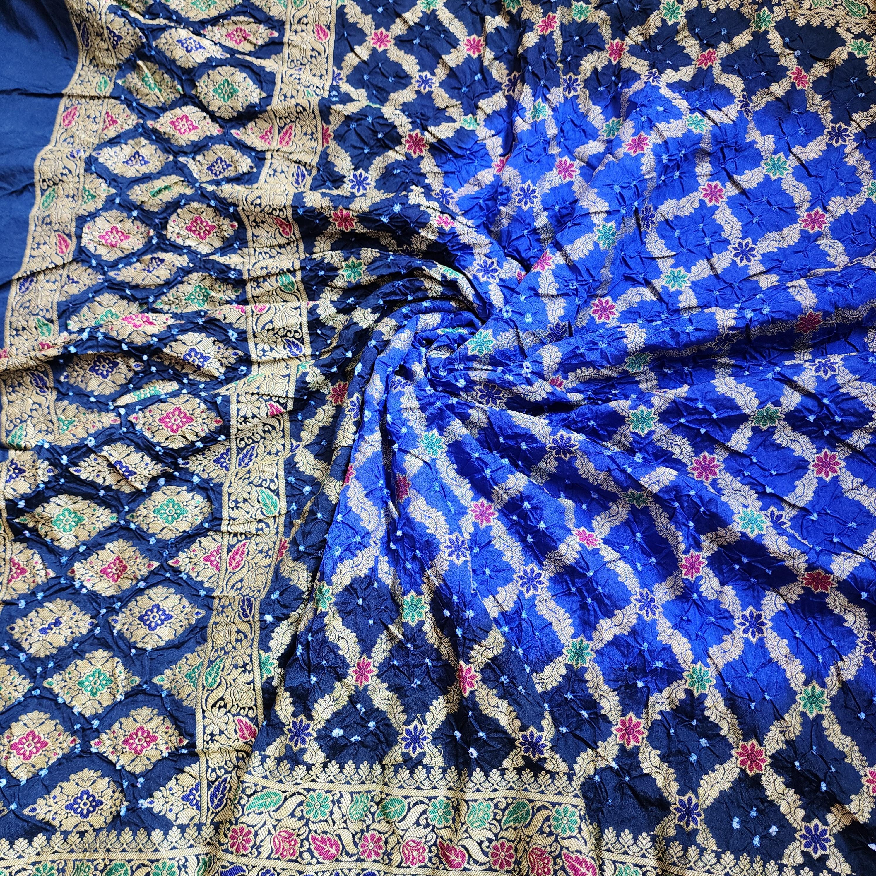 Dual-toned Royal Blue & Navy Bandhni dupatta with Banarasi Meenakari work