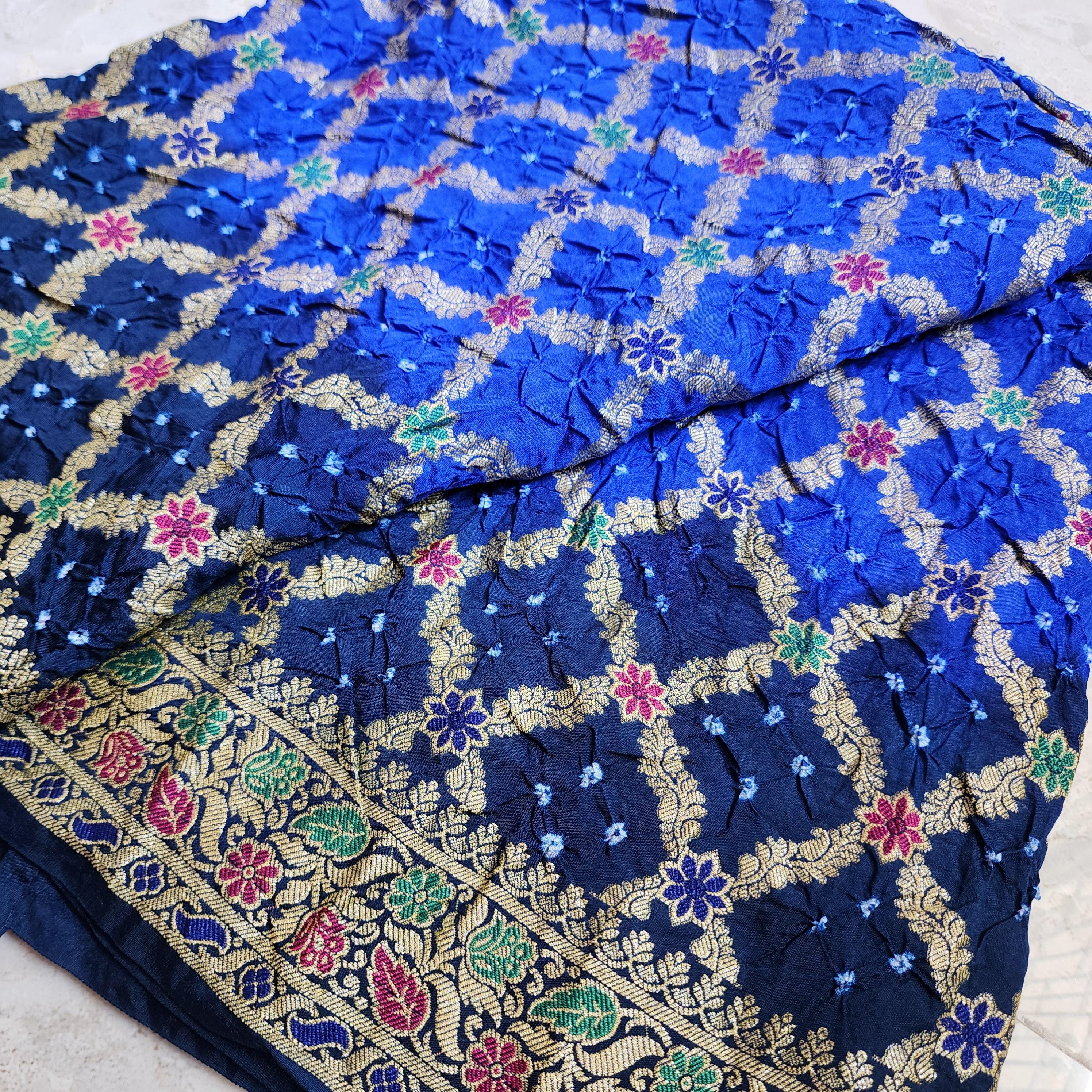 Dual-toned Royal Blue & Navy Bandhni dupatta with Banarasi Meenakari work