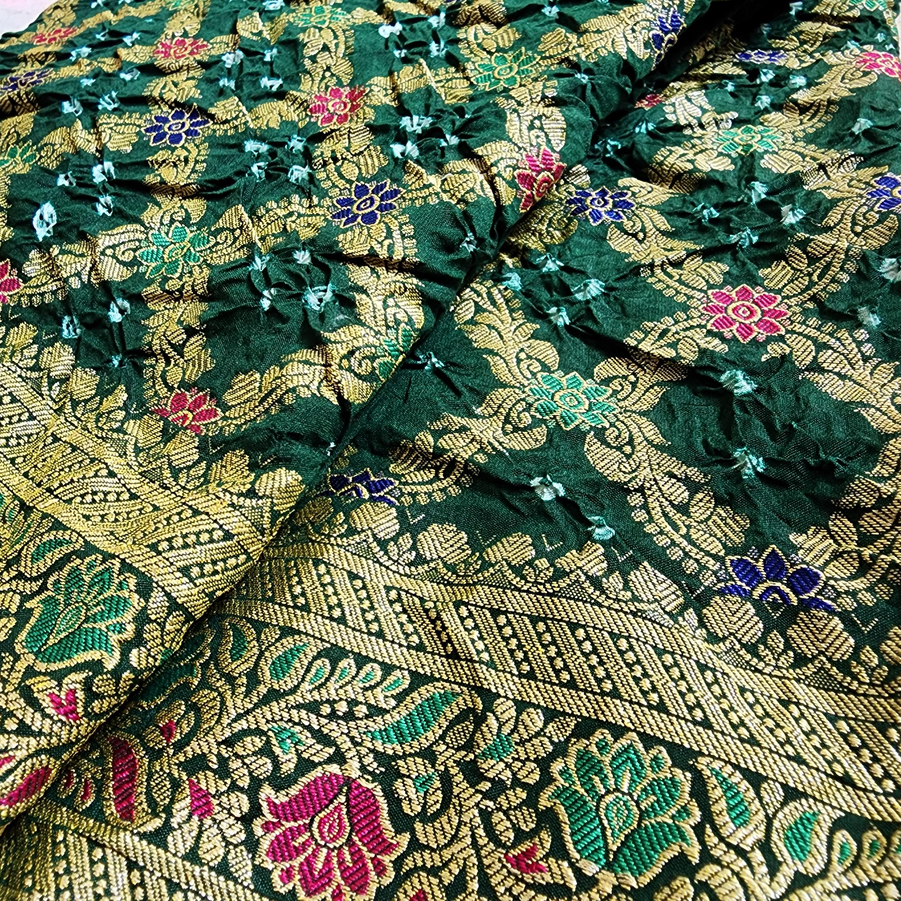 Bottle Green Bandhni dupatta with Banarasi Meenakari work