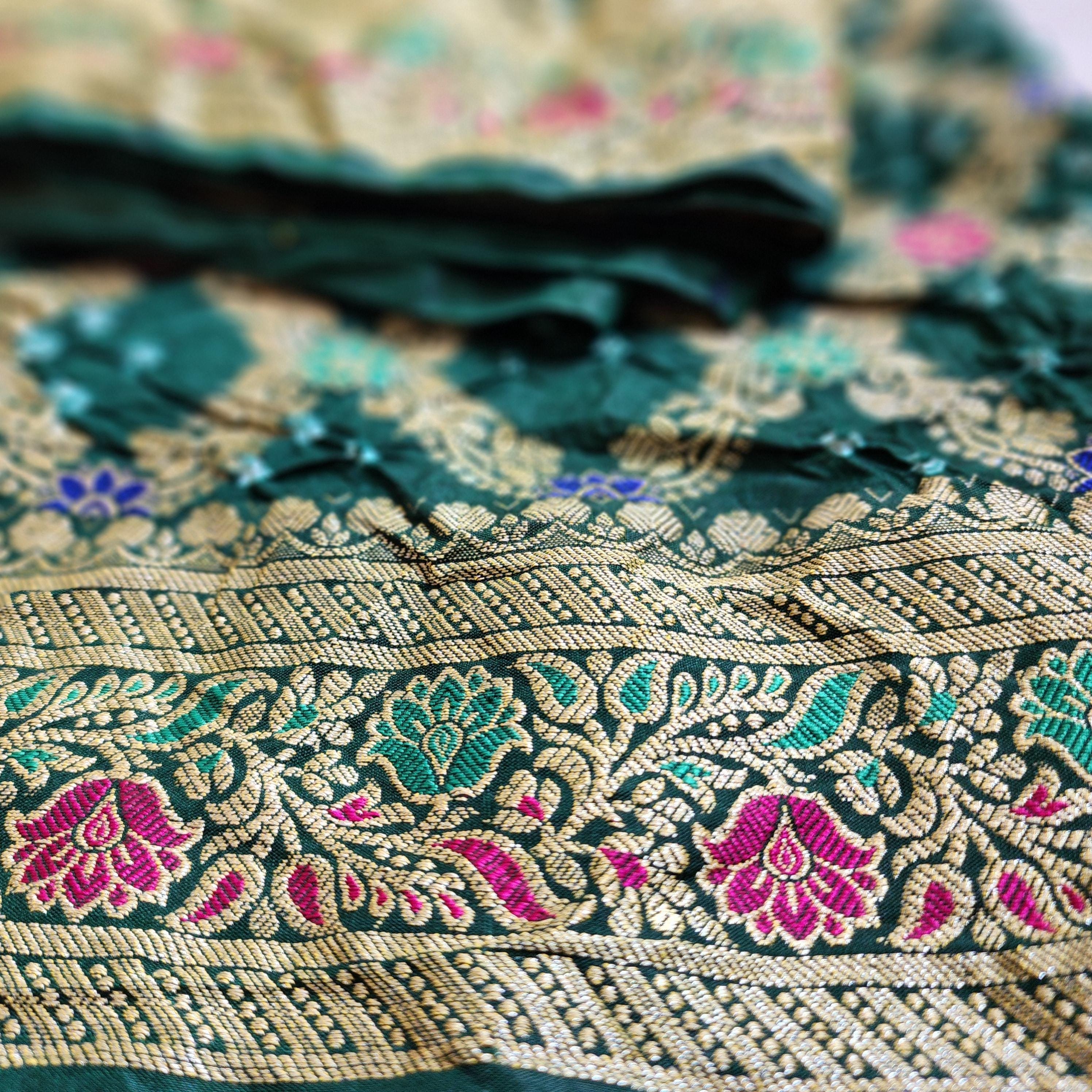 Bottle Green Bandhni dupatta with Banarasi Meenakari work