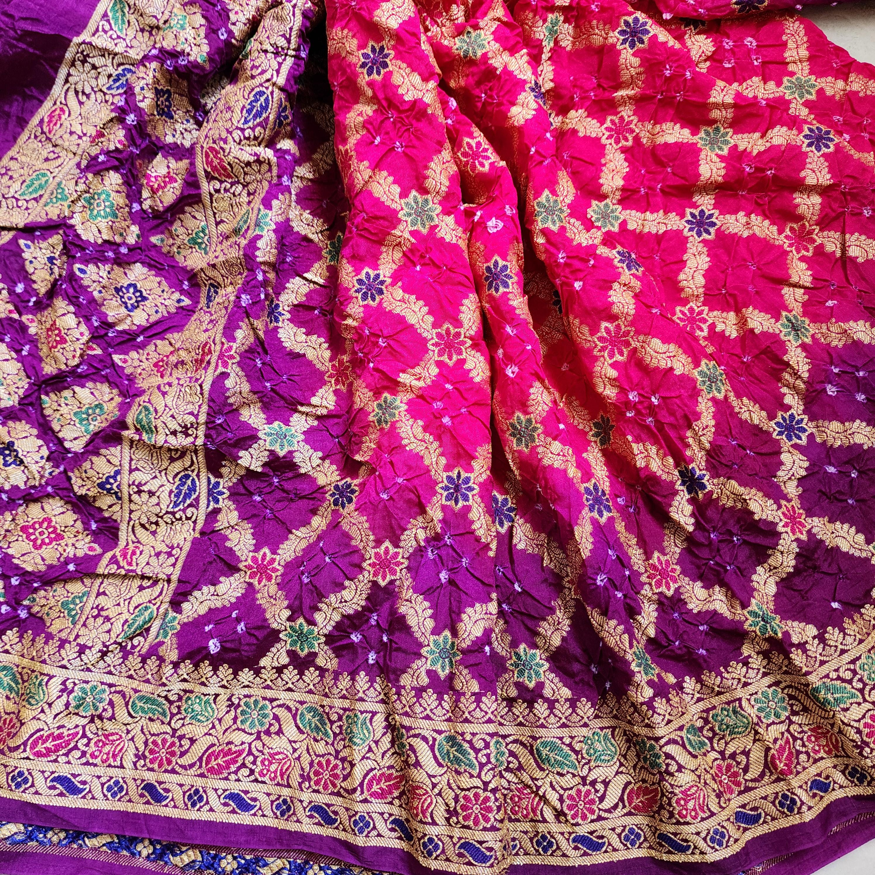 Dual-Tone Rani Pink & Purple Bandhni dupatta with Banarasi Meenakari work