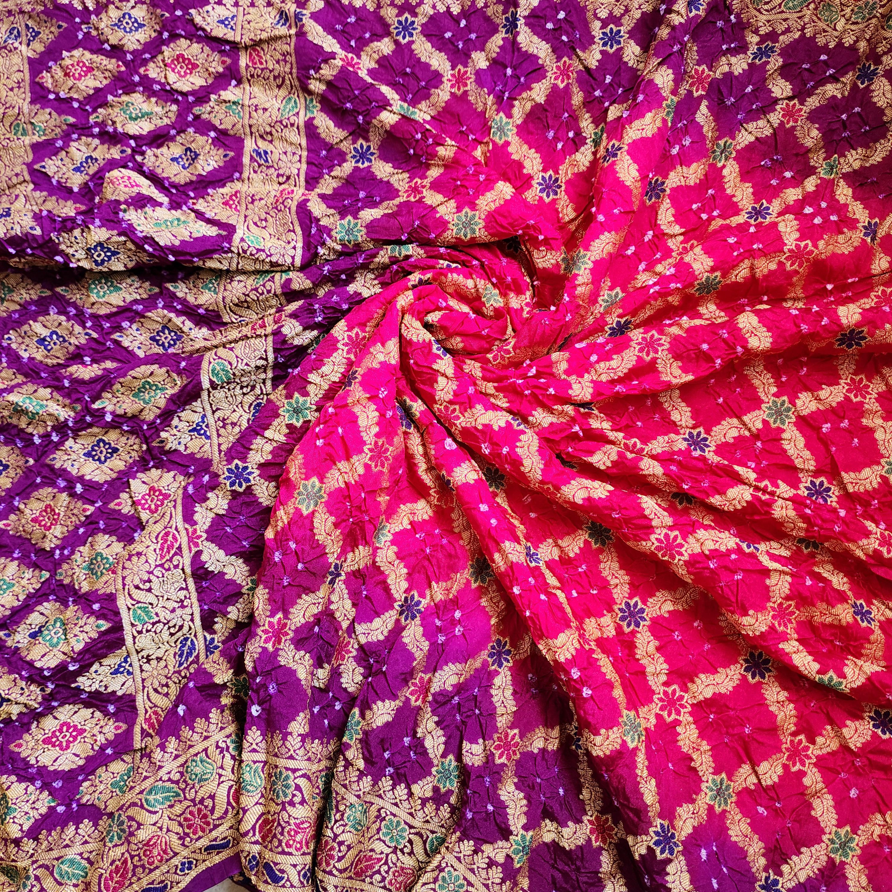 Dual-Tone Rani Pink & Purple Bandhni dupatta with Banarasi Meenakari work