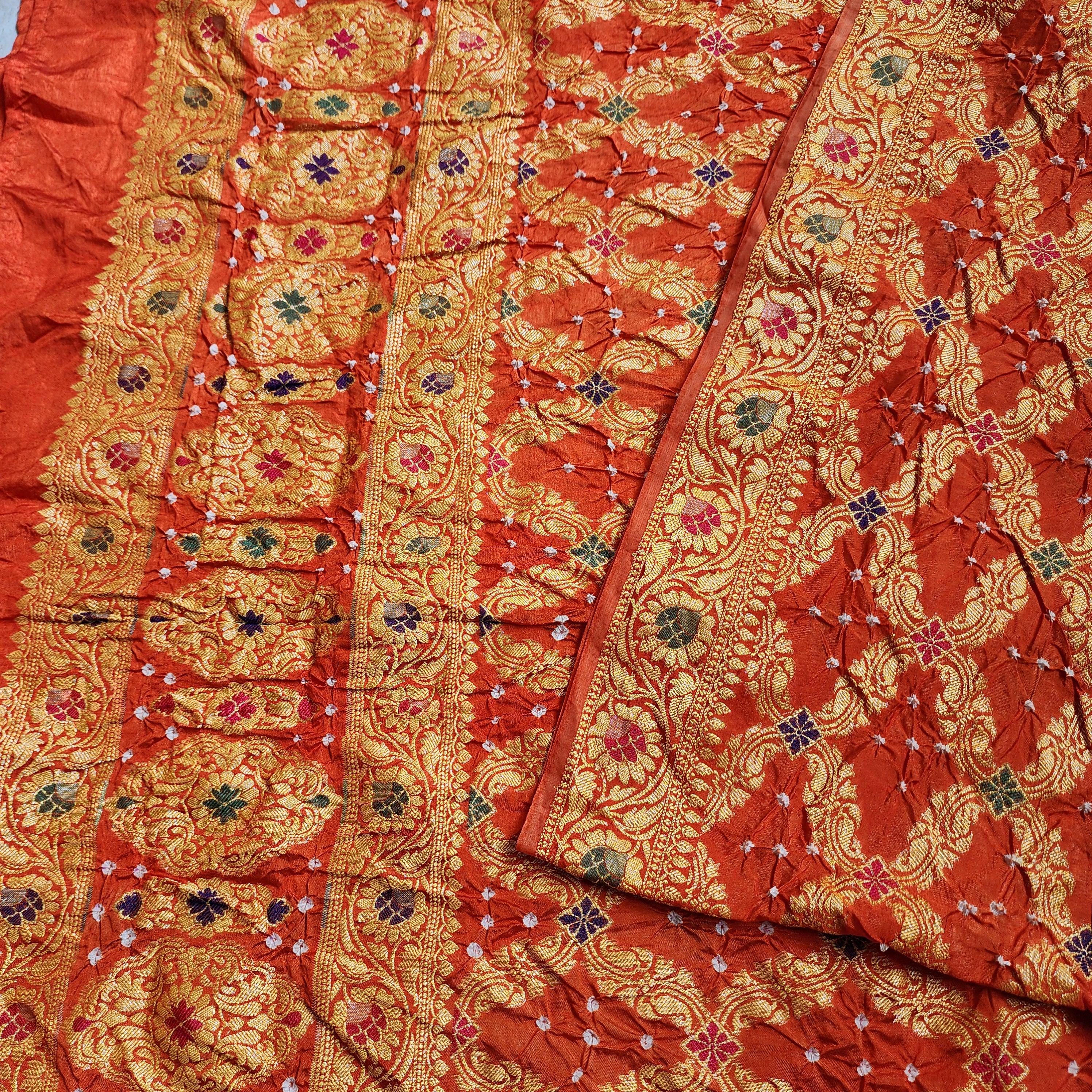 Orange & gold Bandhni dupatta with Banarasi Meenakari work