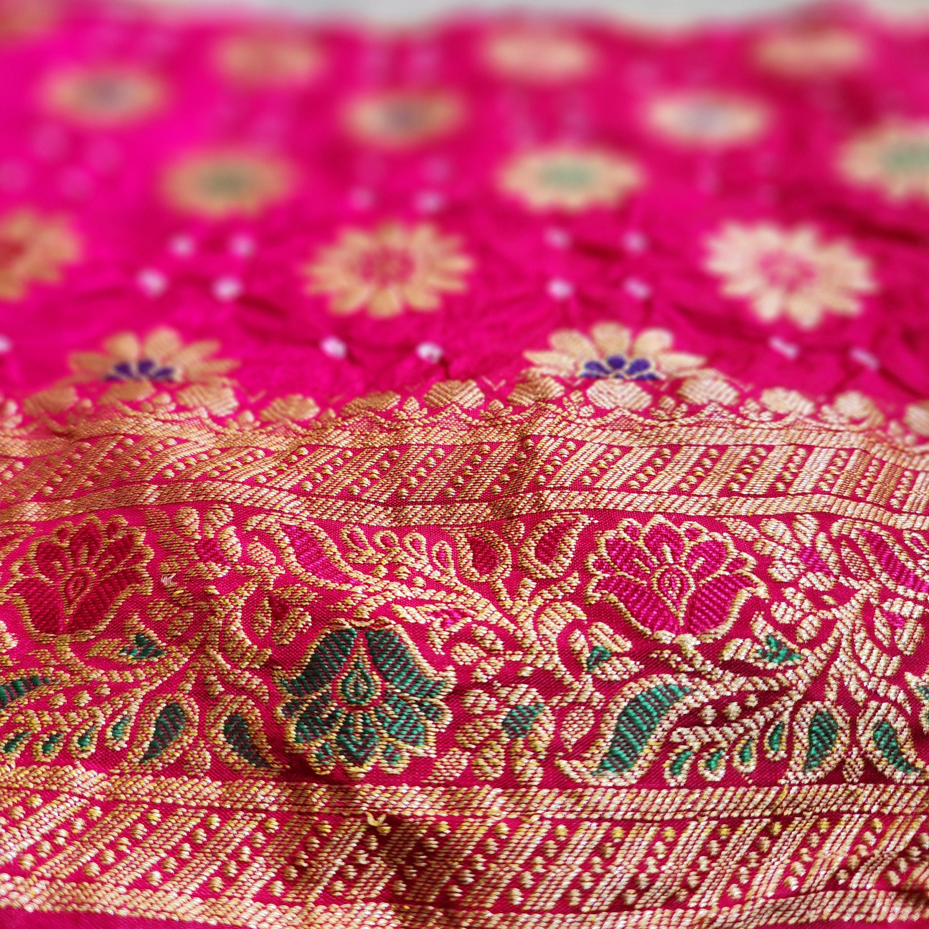 Elegant Rani Pink Bandhni dupatta with Banarasi Meenakari work