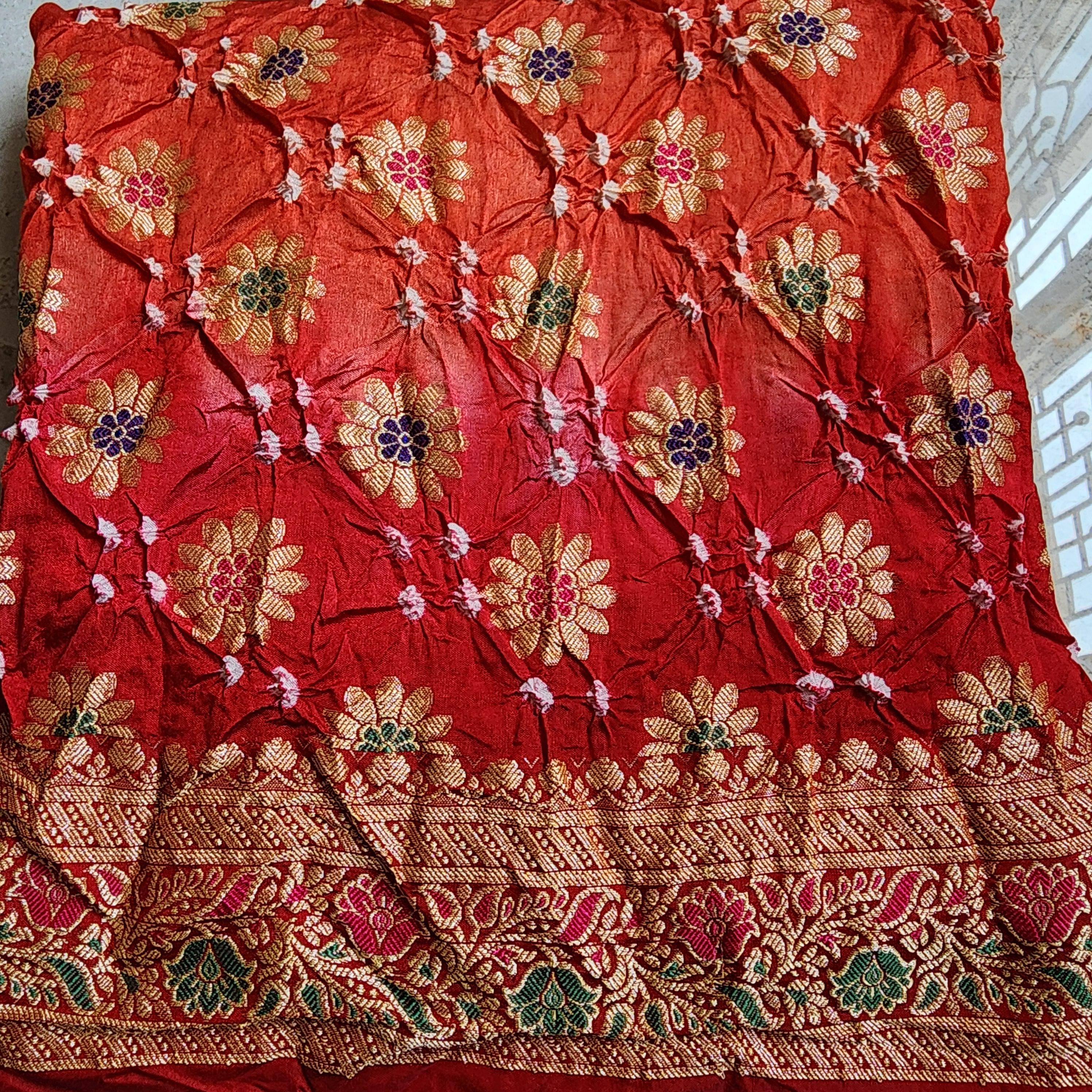 Dual-Tone Orange & Red Bandhni dupatta with Banarasi Meenakari work