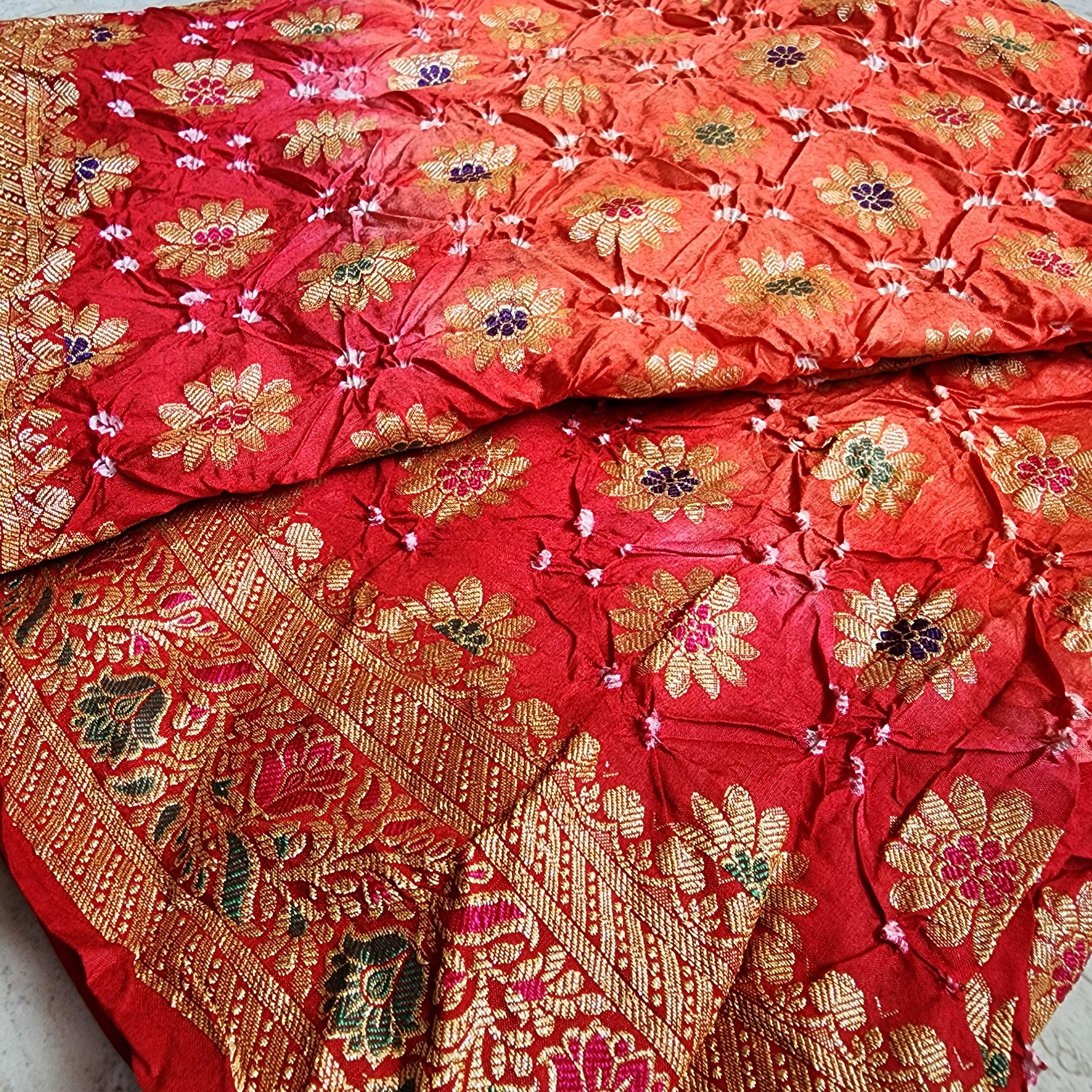 Dual-Tone Orange & Red Bandhni dupatta with Banarasi Meenakari work