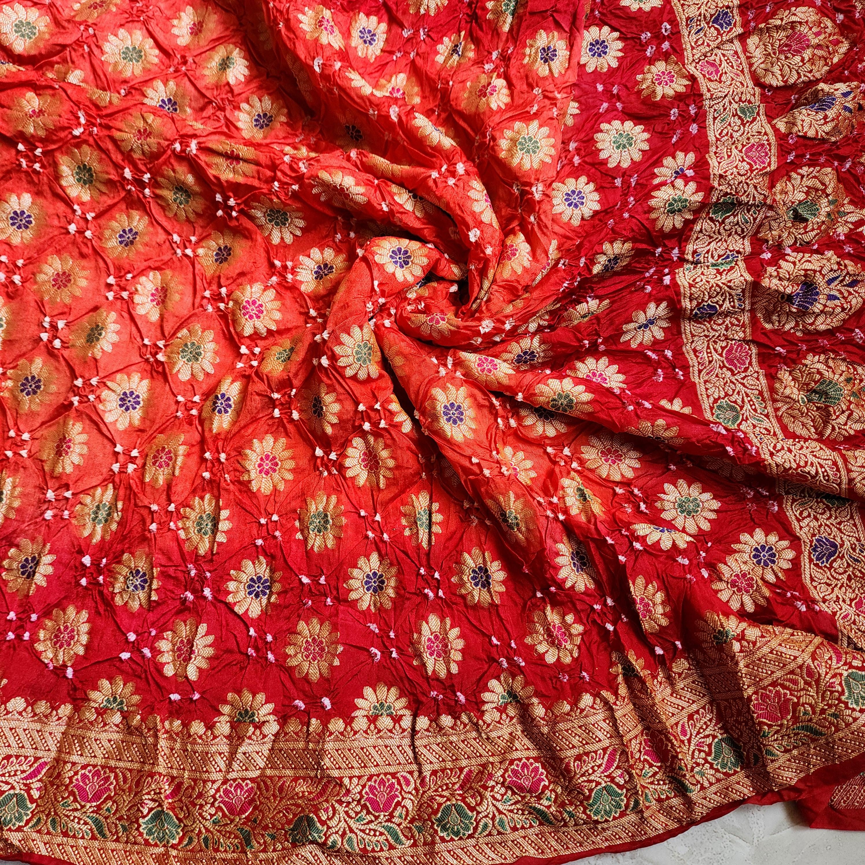 Dual-Tone Orange & Red Bandhni dupatta with Banarasi Meenakari work