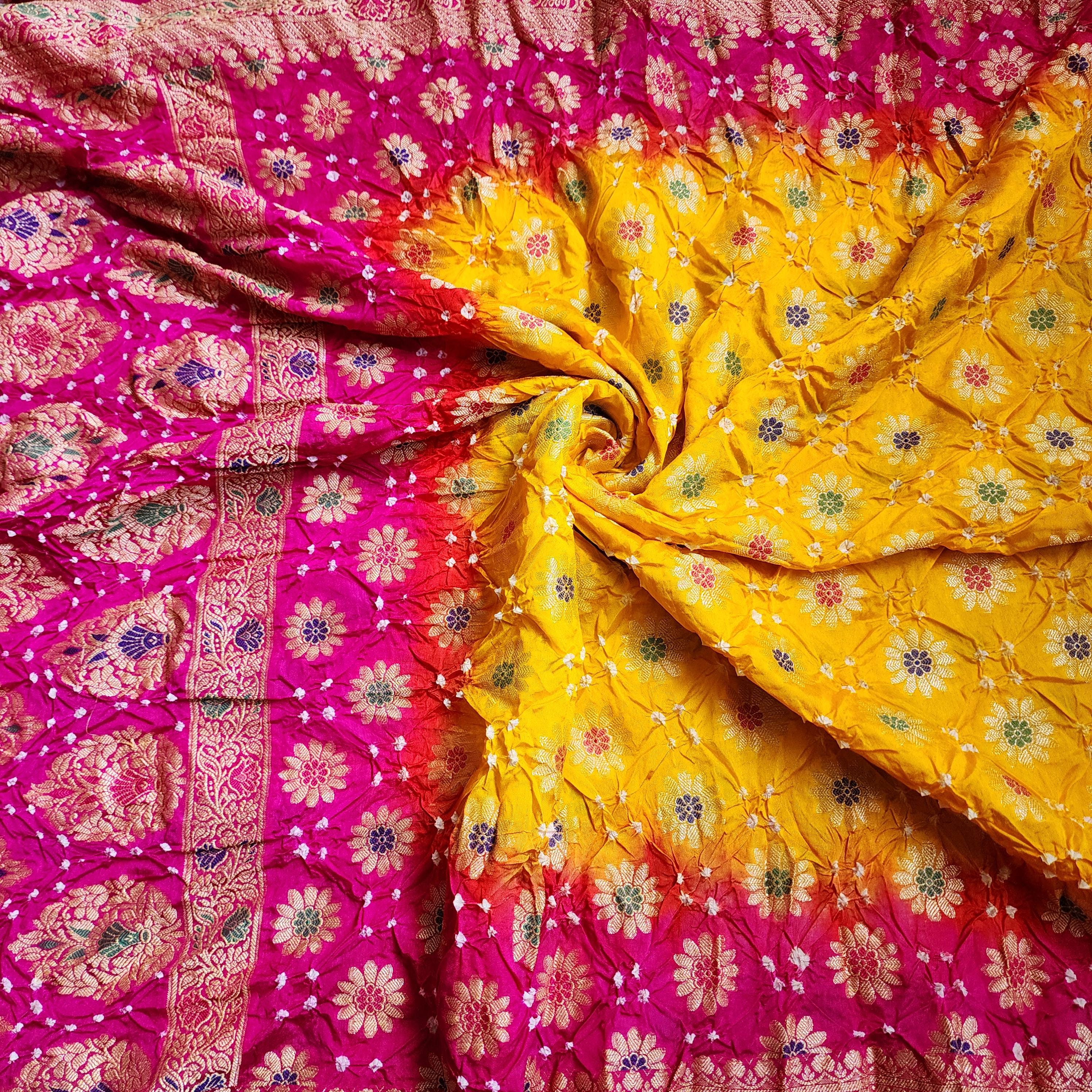 Rich Gold Bandhni dupatta with Rani Pink border & Banarasi Meenakari work