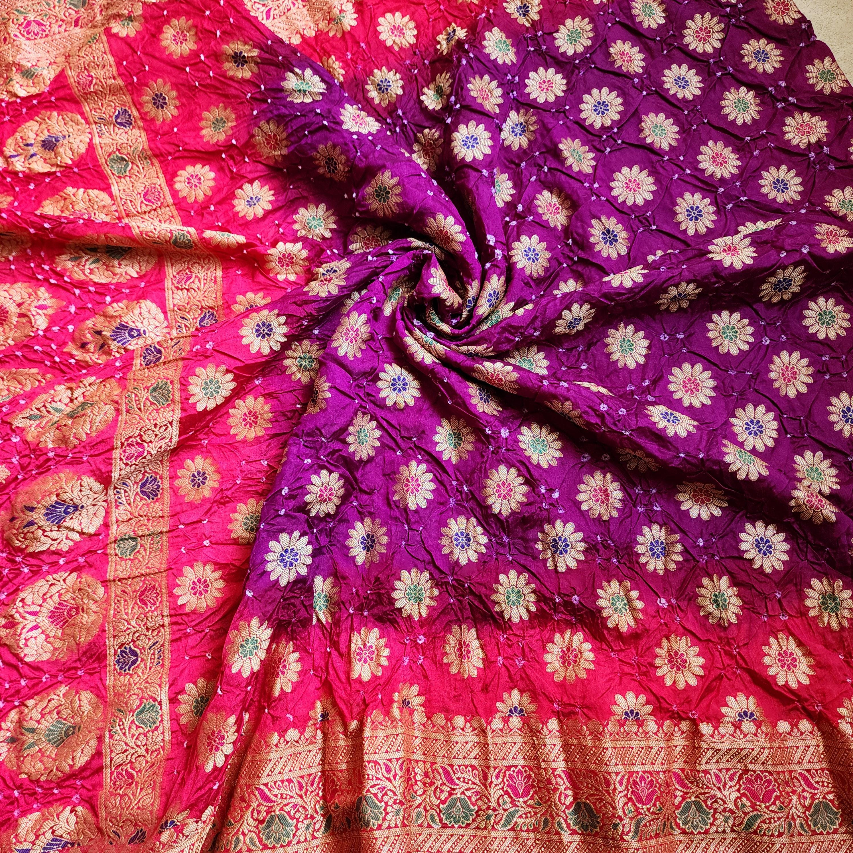 Rich Purple Bandhni dupatta with hot Pink border & Banarasi Meenakari work