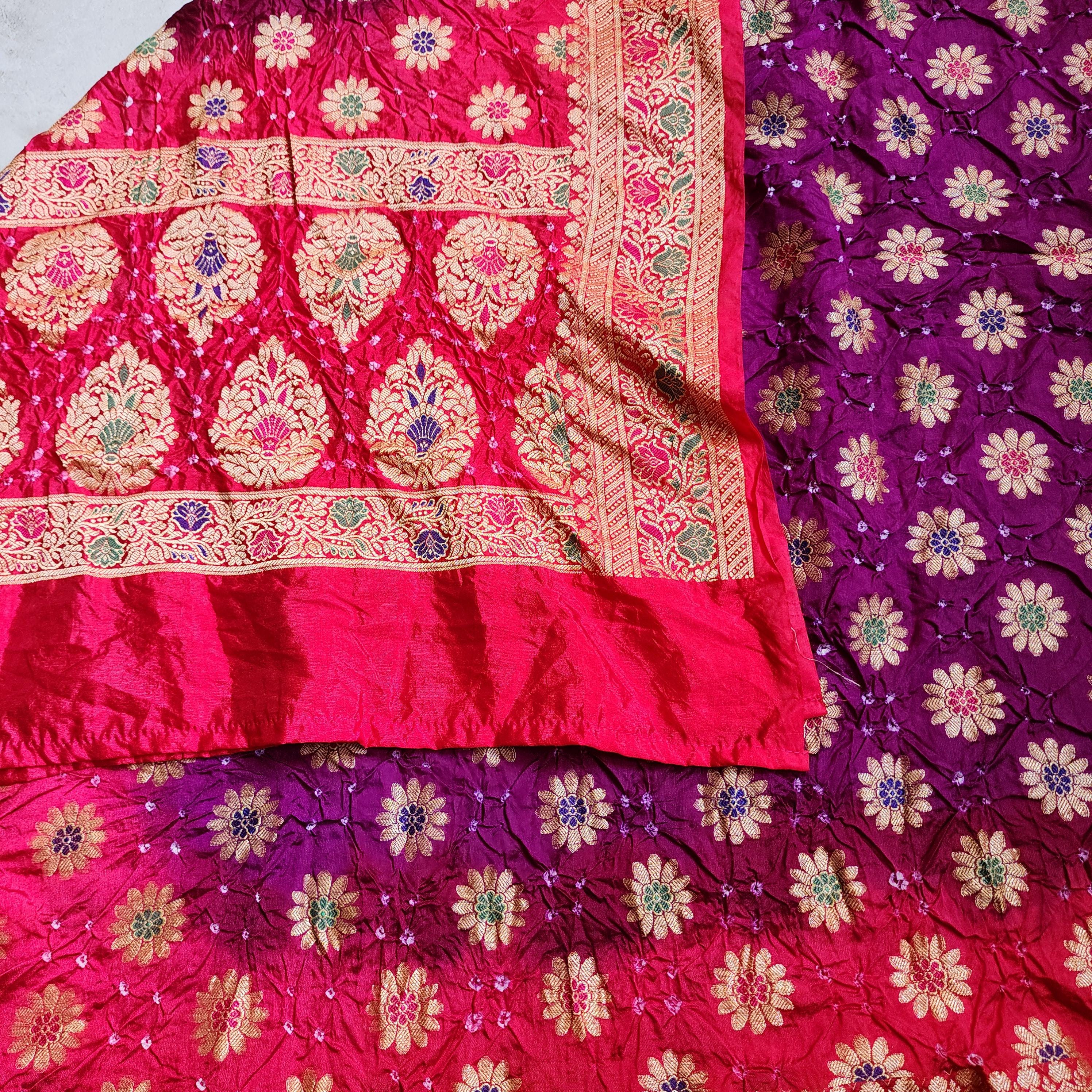 Rich Purple Bandhni dupatta with hot Pink border & Banarasi Meenakari work