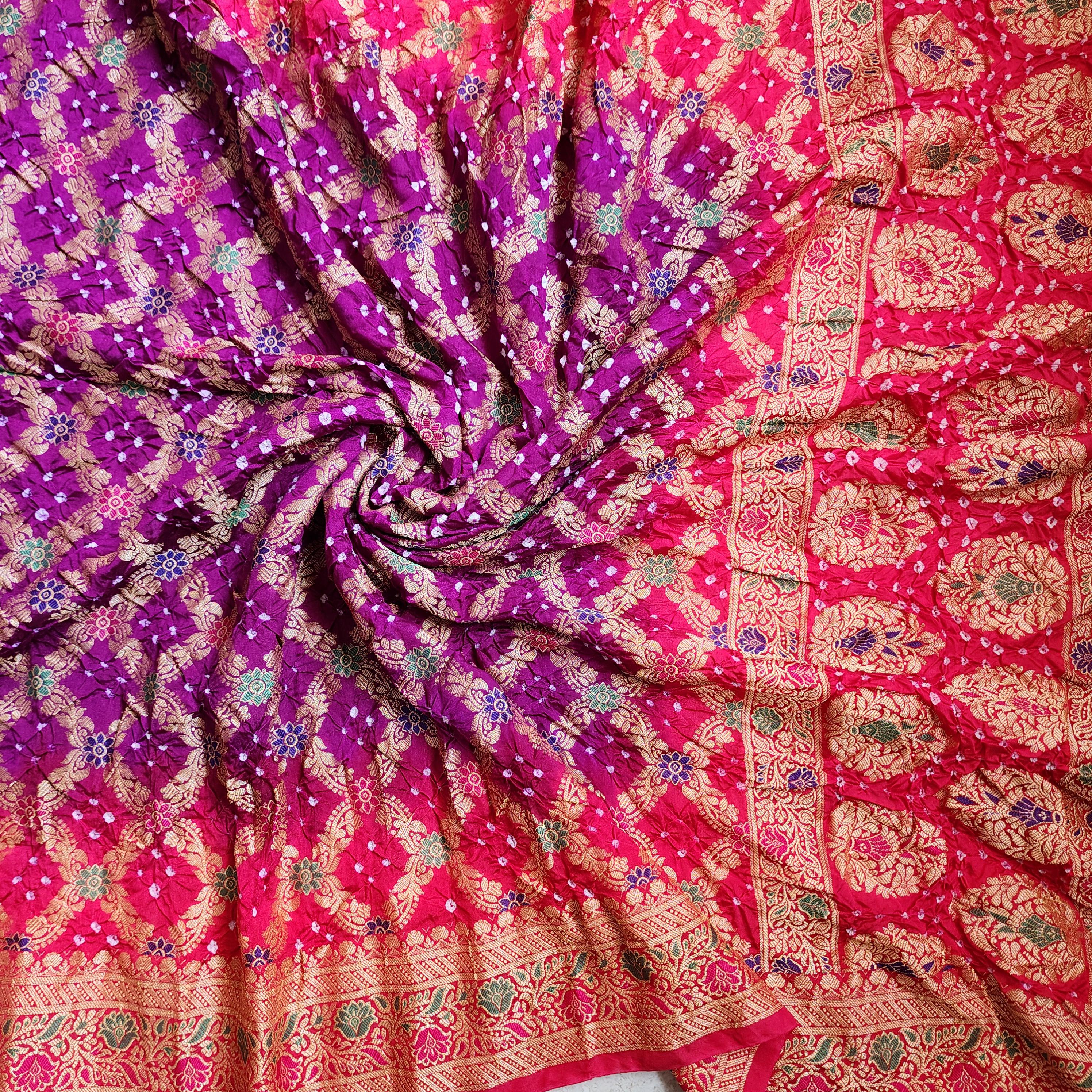 Rich Purple Bandhni dupatta with hot Pink border & Banarasi Meenakari work
