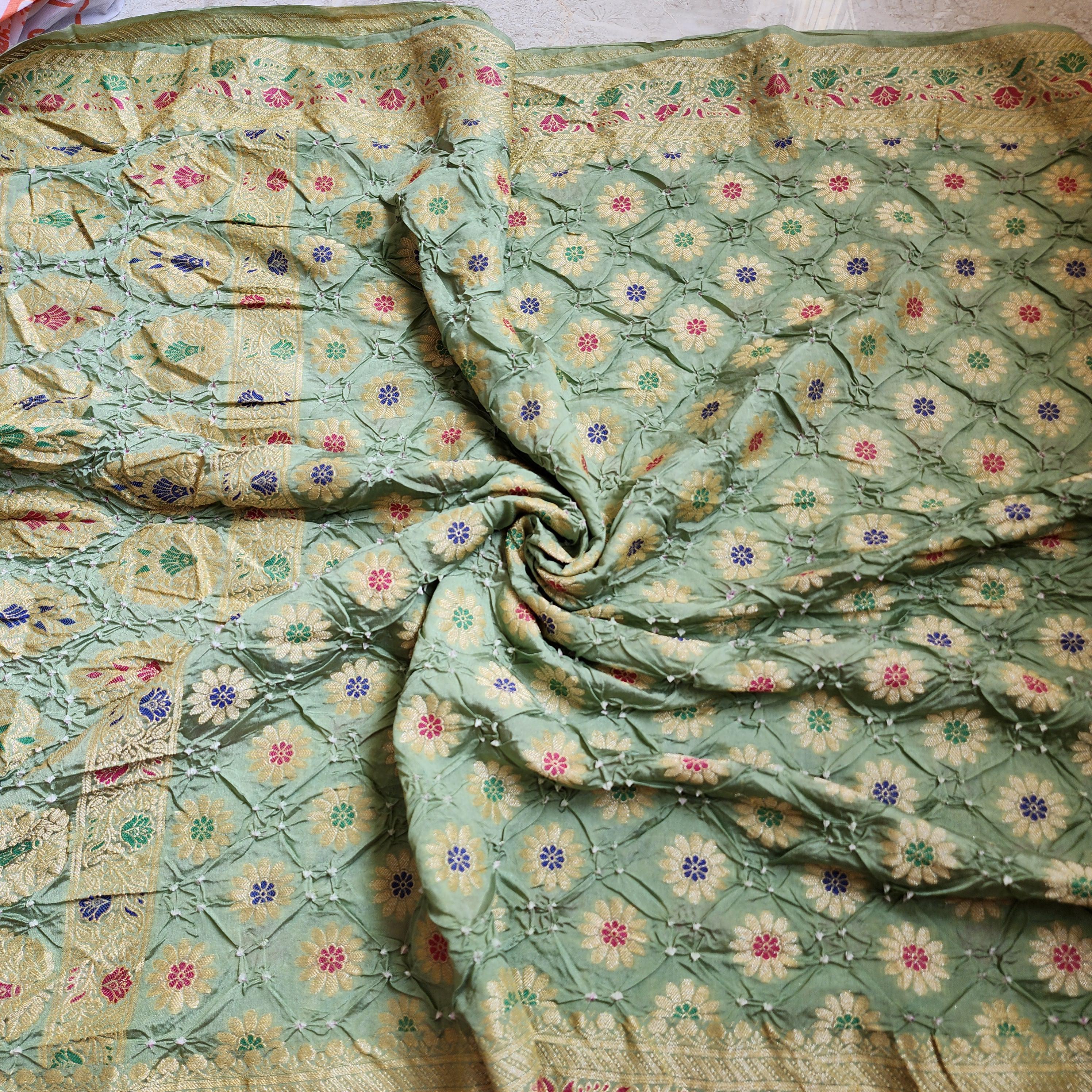 Light Sage Green Bandhni dupatta with Banarasi Meenakari work