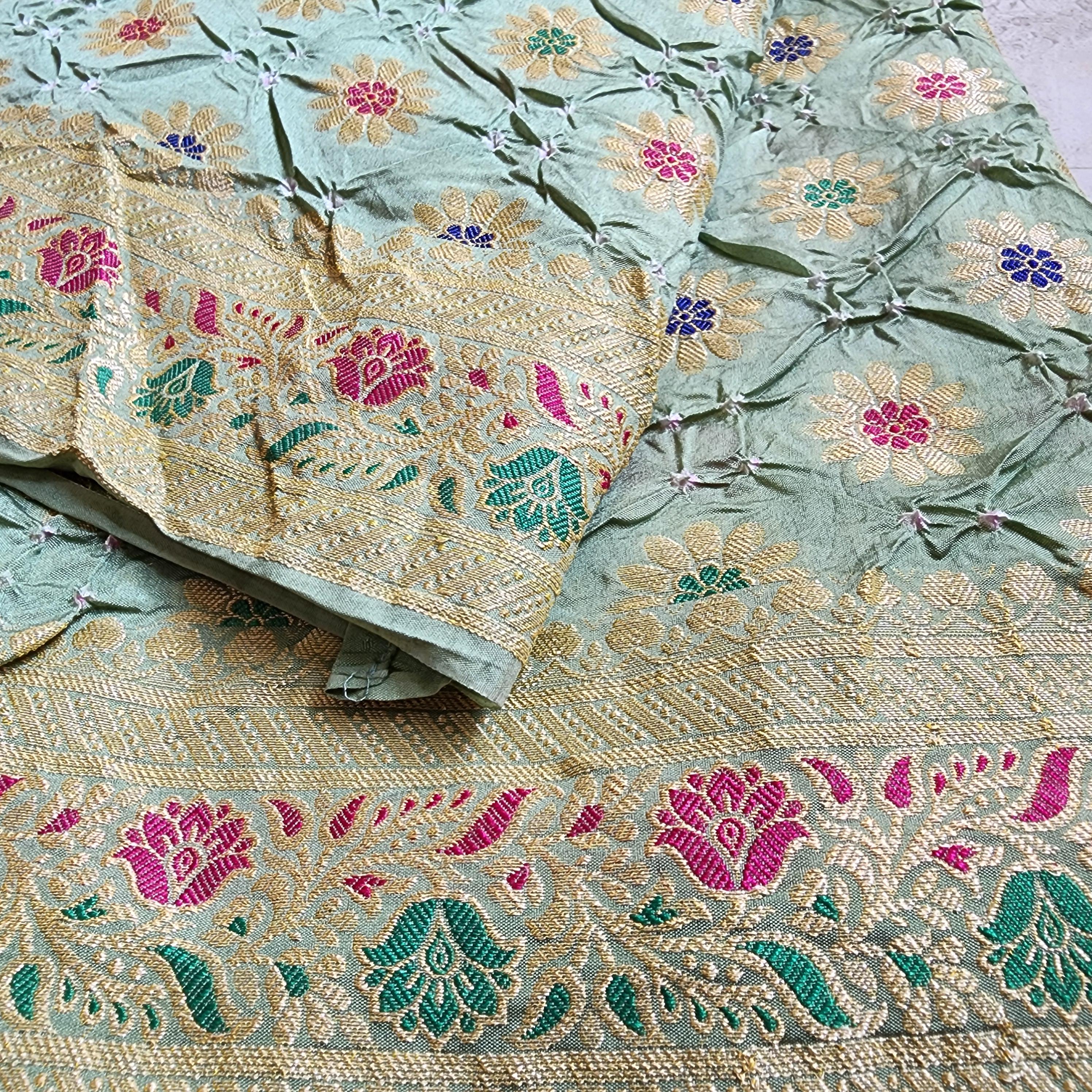 Light Sage Green Bandhni dupatta with Banarasi Meenakari work