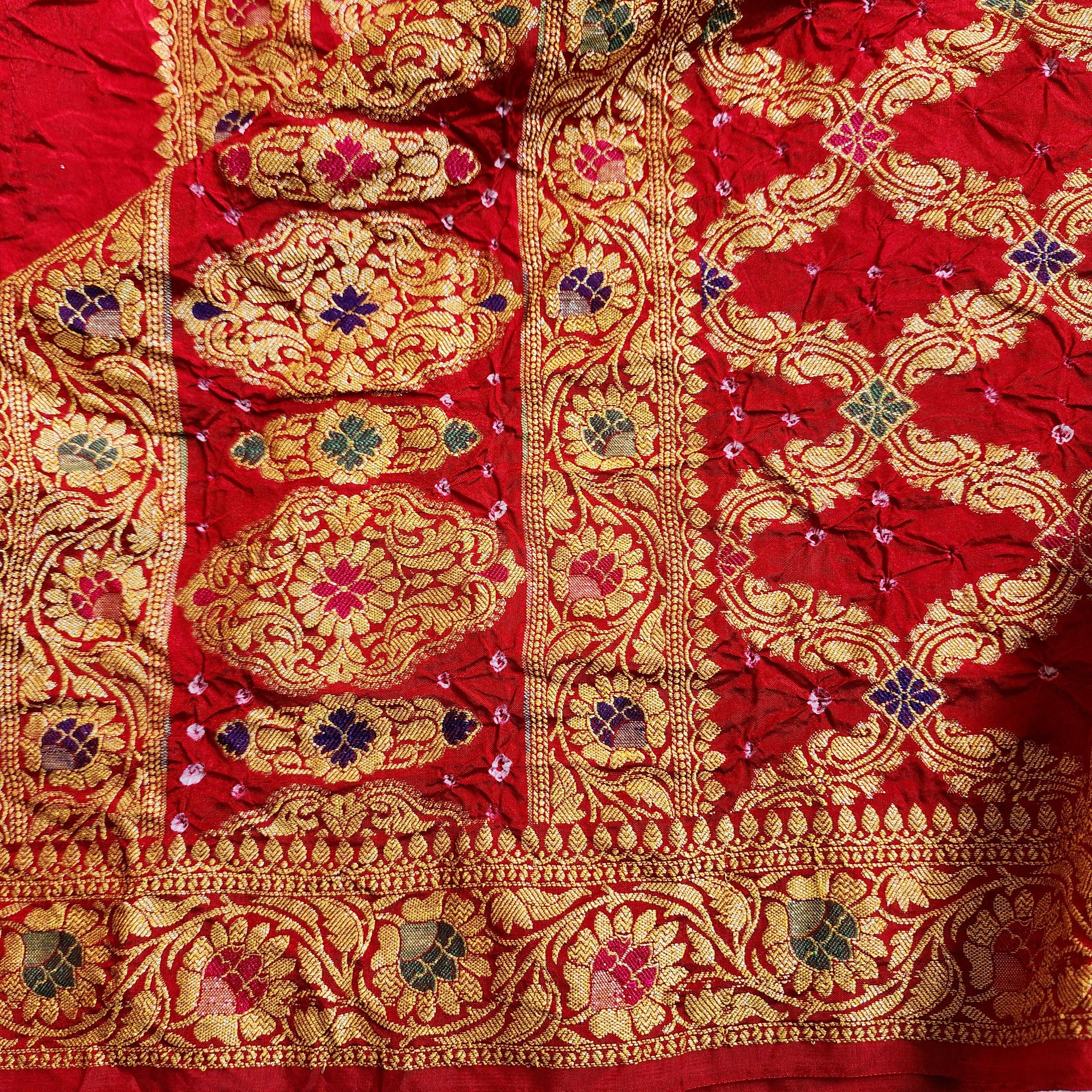 Vibrant Red Bandhni dupatta with Banarasi Meenakari work