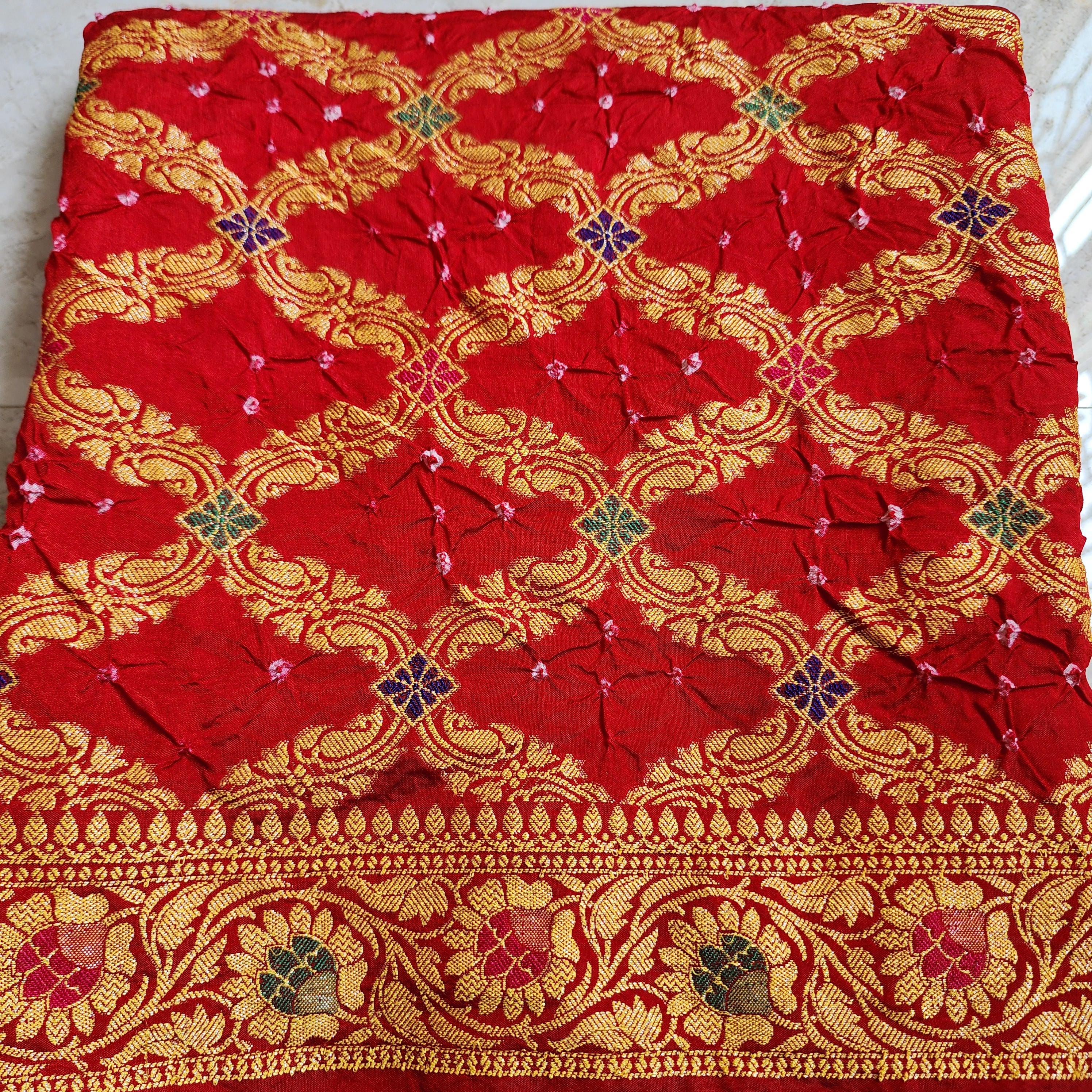 Vibrant Red Bandhni dupatta with Banarasi Meenakari work