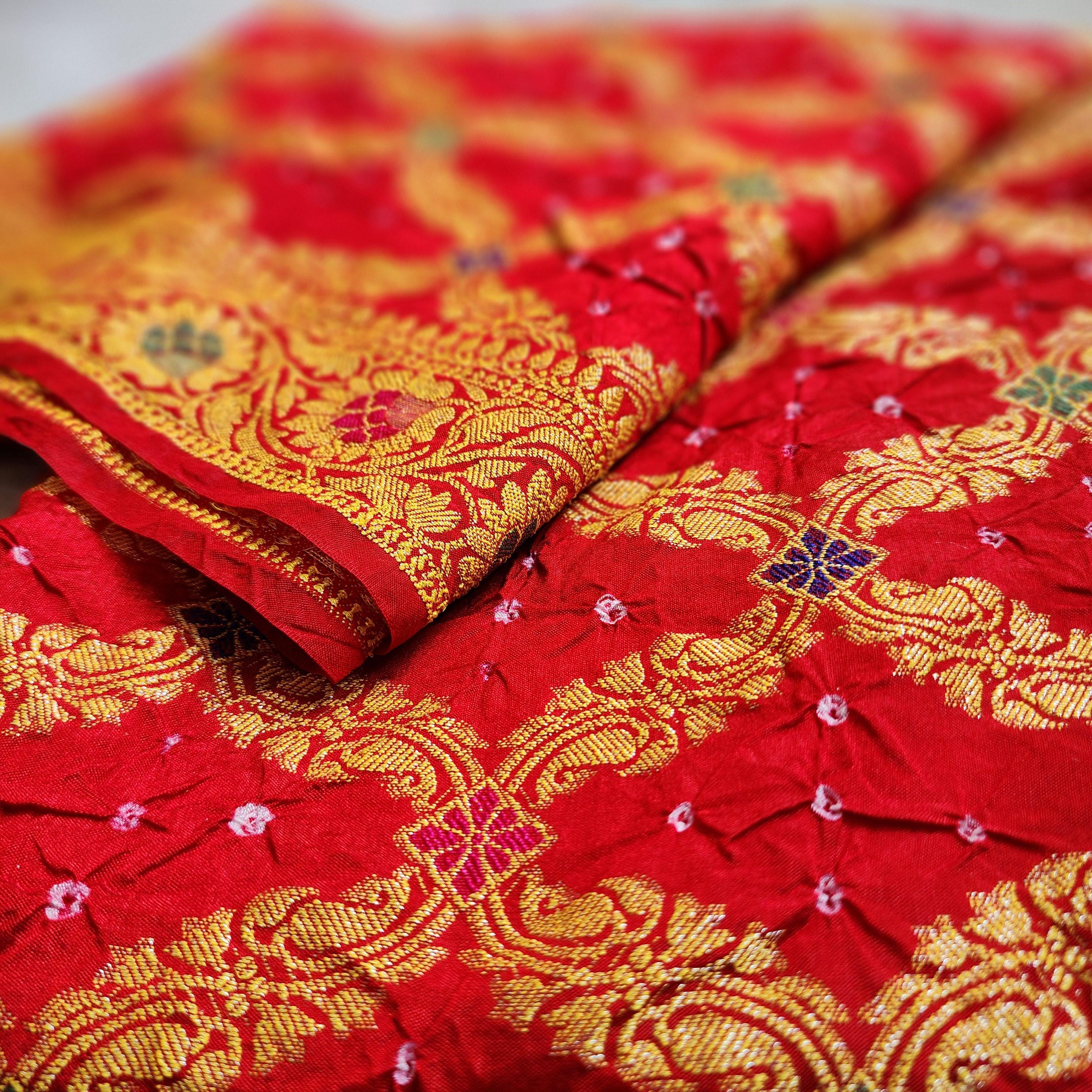 Vibrant Red Bandhni dupatta with Banarasi Meenakari work