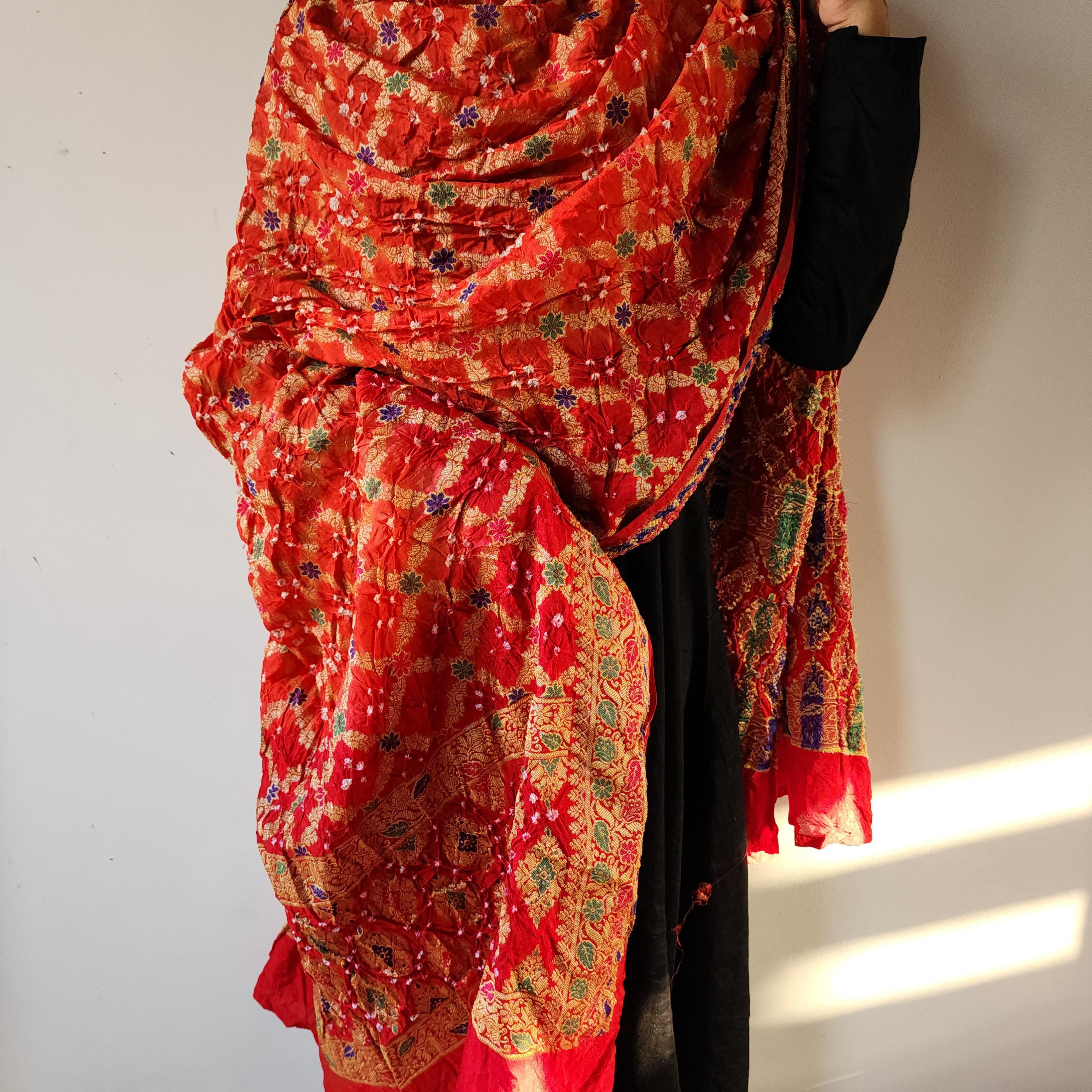 Orange Bandhni dupatta with Maroon Red Border & Banarasi Meenakari work