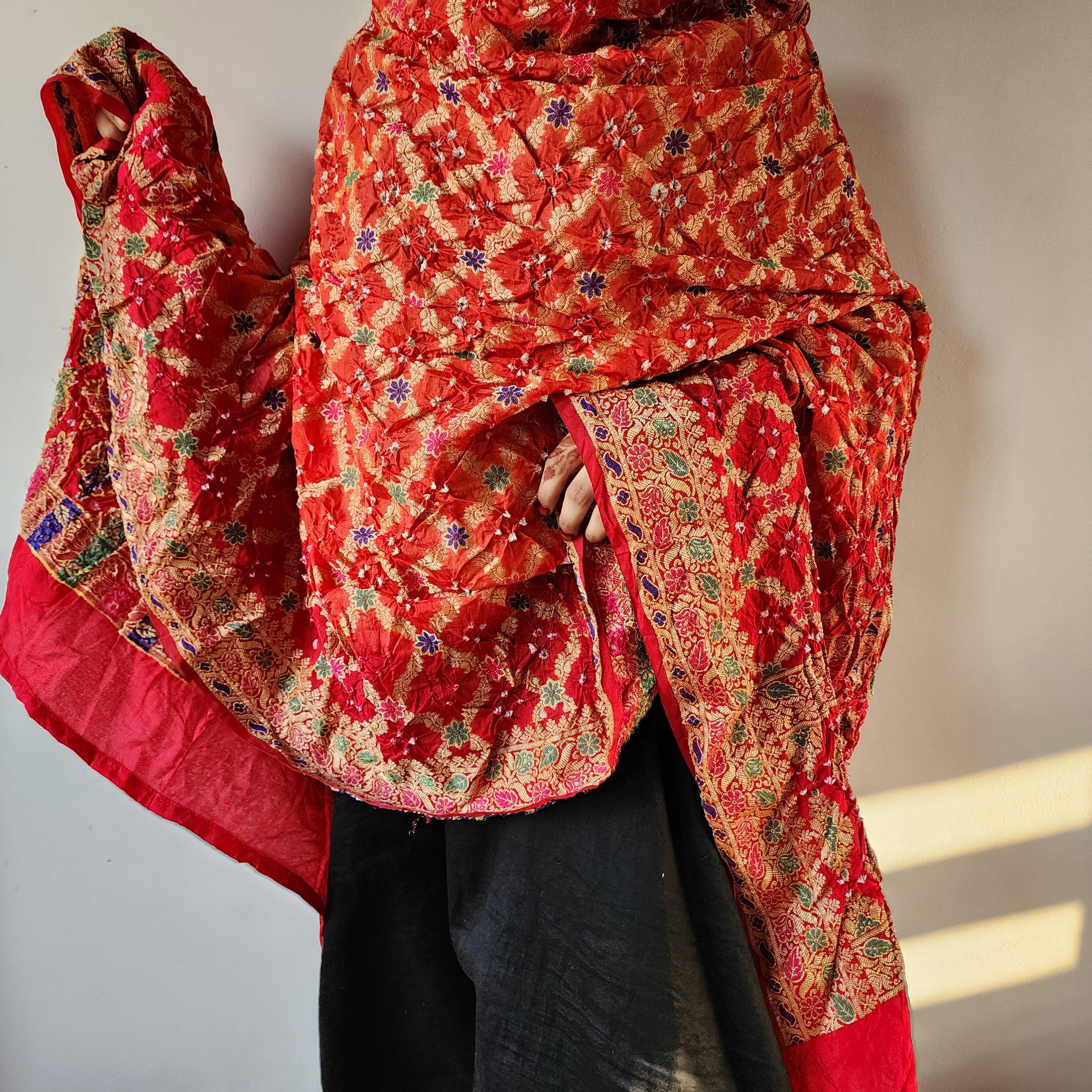 Orange Bandhni dupatta with Maroon Red Border & Banarasi Meenakari work