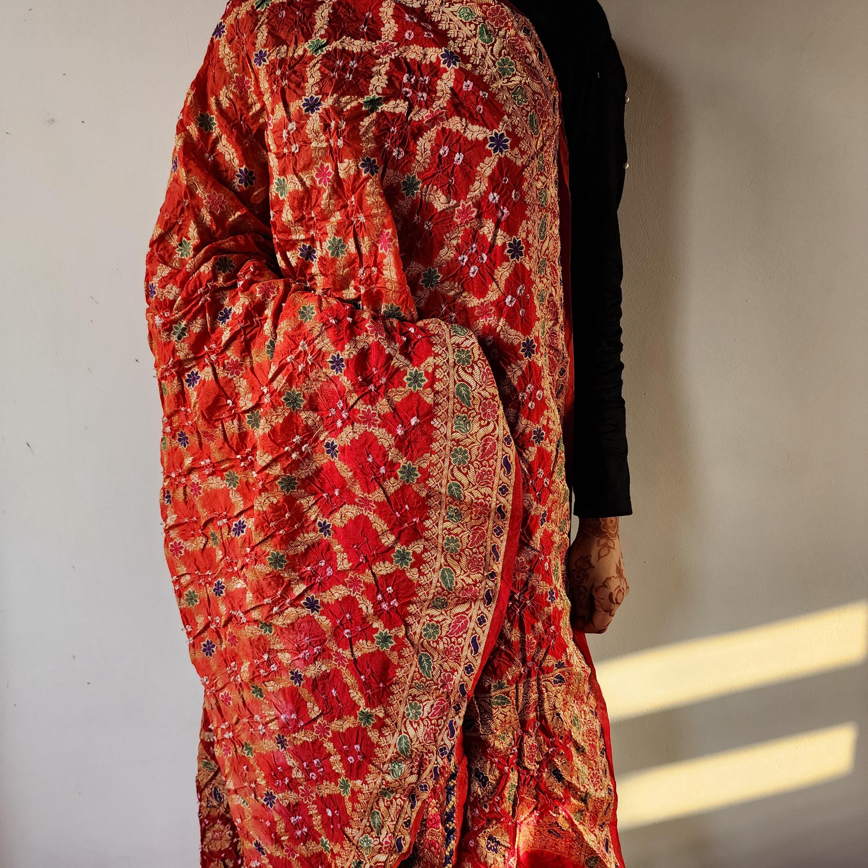 Orange Bandhni dupatta with Maroon Red Border & Banarasi Meenakari work