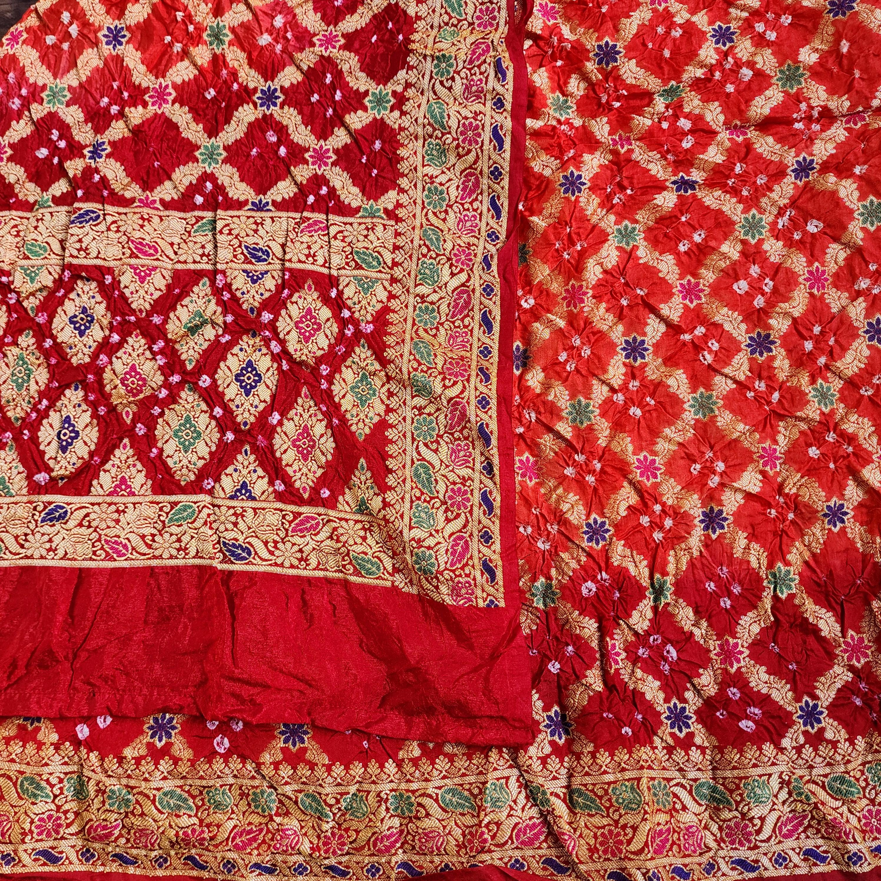 Orange Bandhni dupatta with Maroon Red Border & Banarasi Meenakari work
