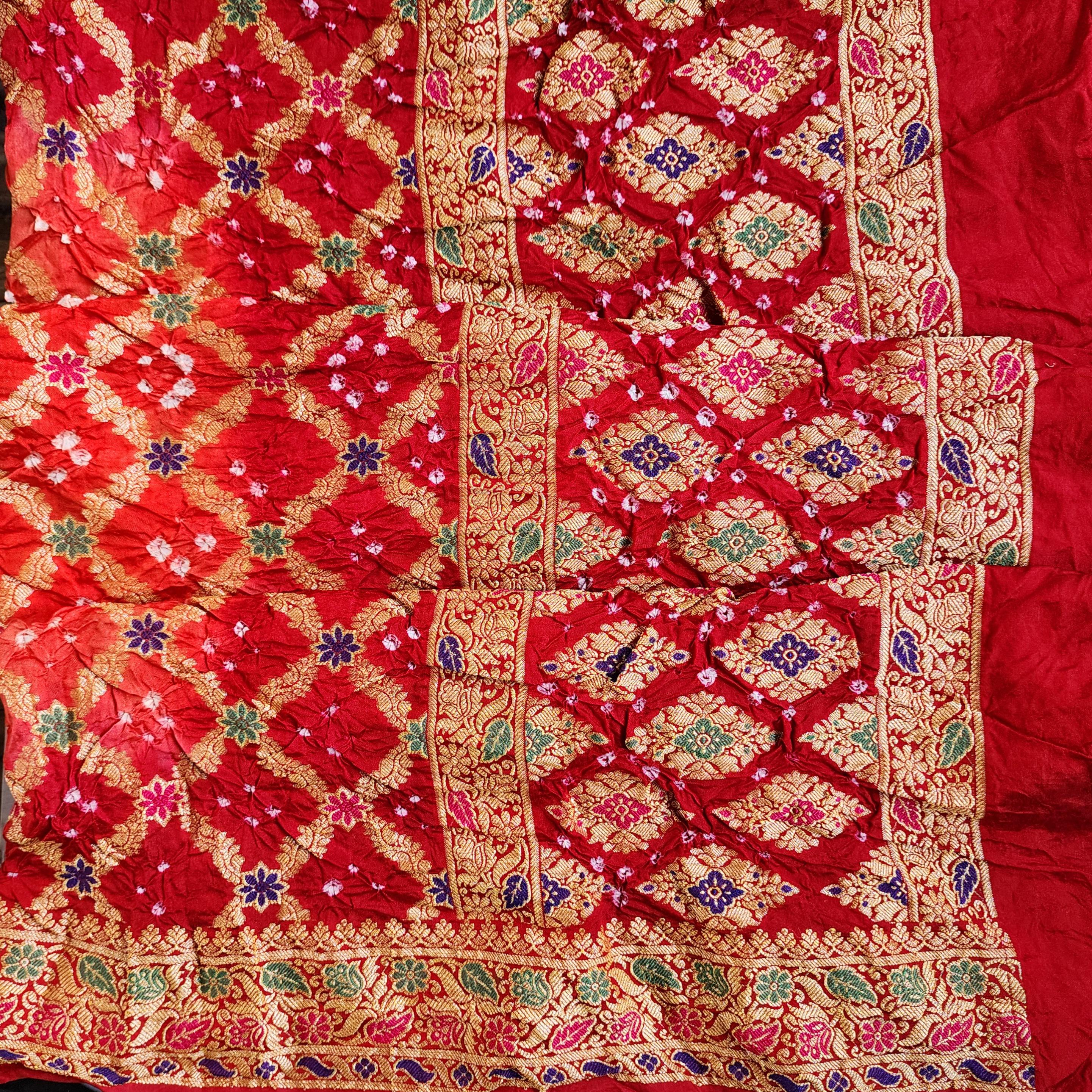 Orange Bandhni dupatta with Maroon Red Border & Banarasi Meenakari work