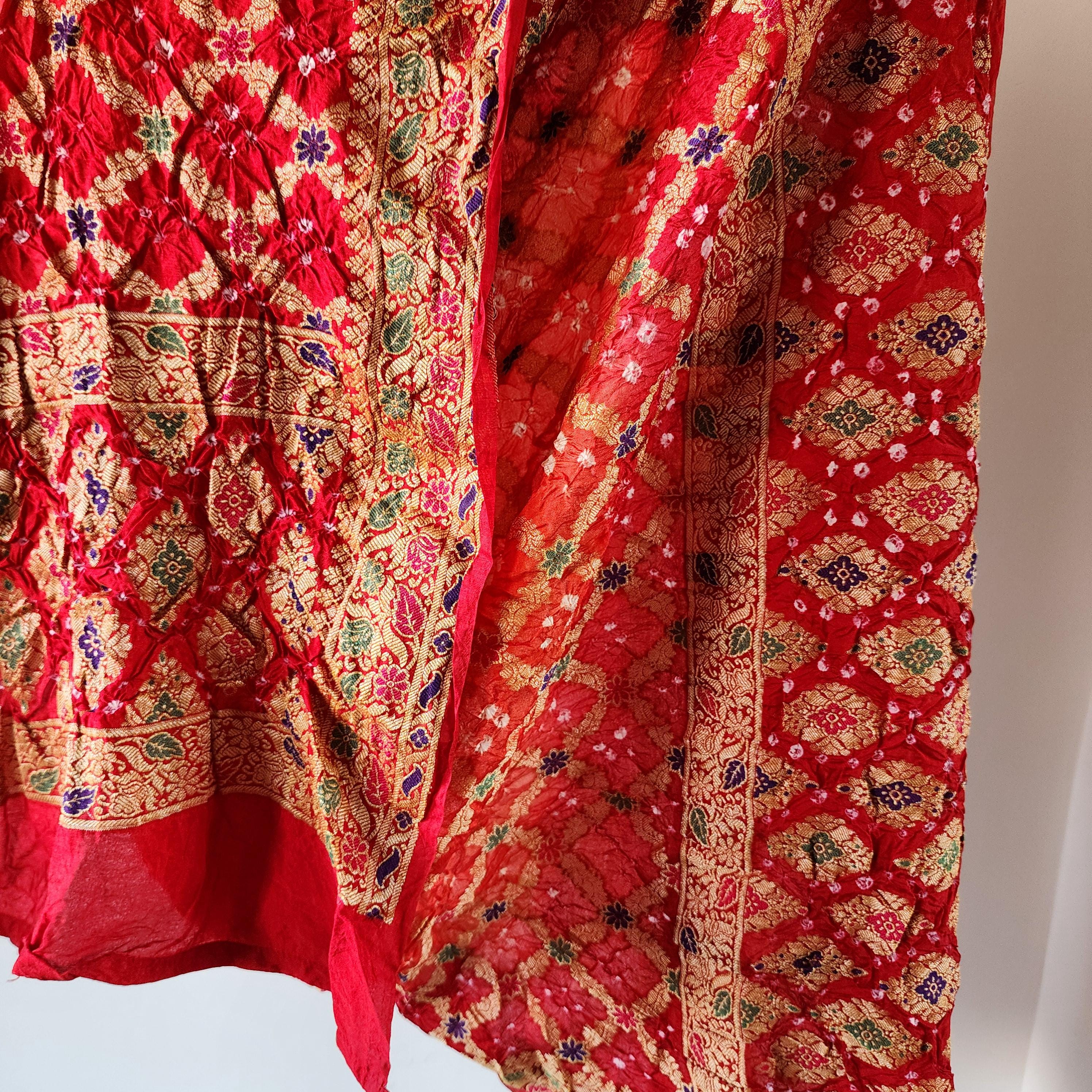 Orange Bandhni dupatta with Maroon Red Border & Banarasi Meenakari work