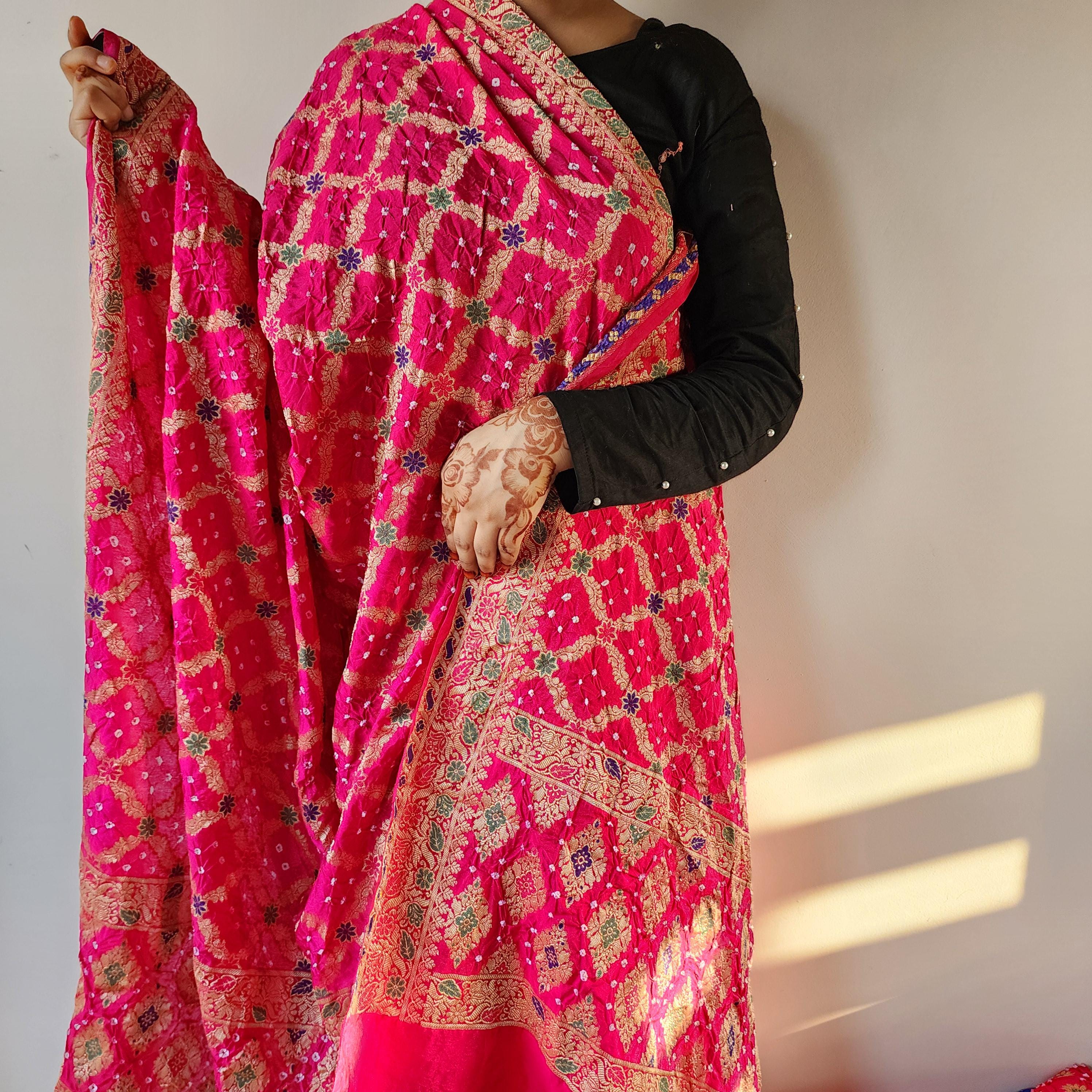 Rani Pink Bandhni dupatta with Banarasi Meenakari work