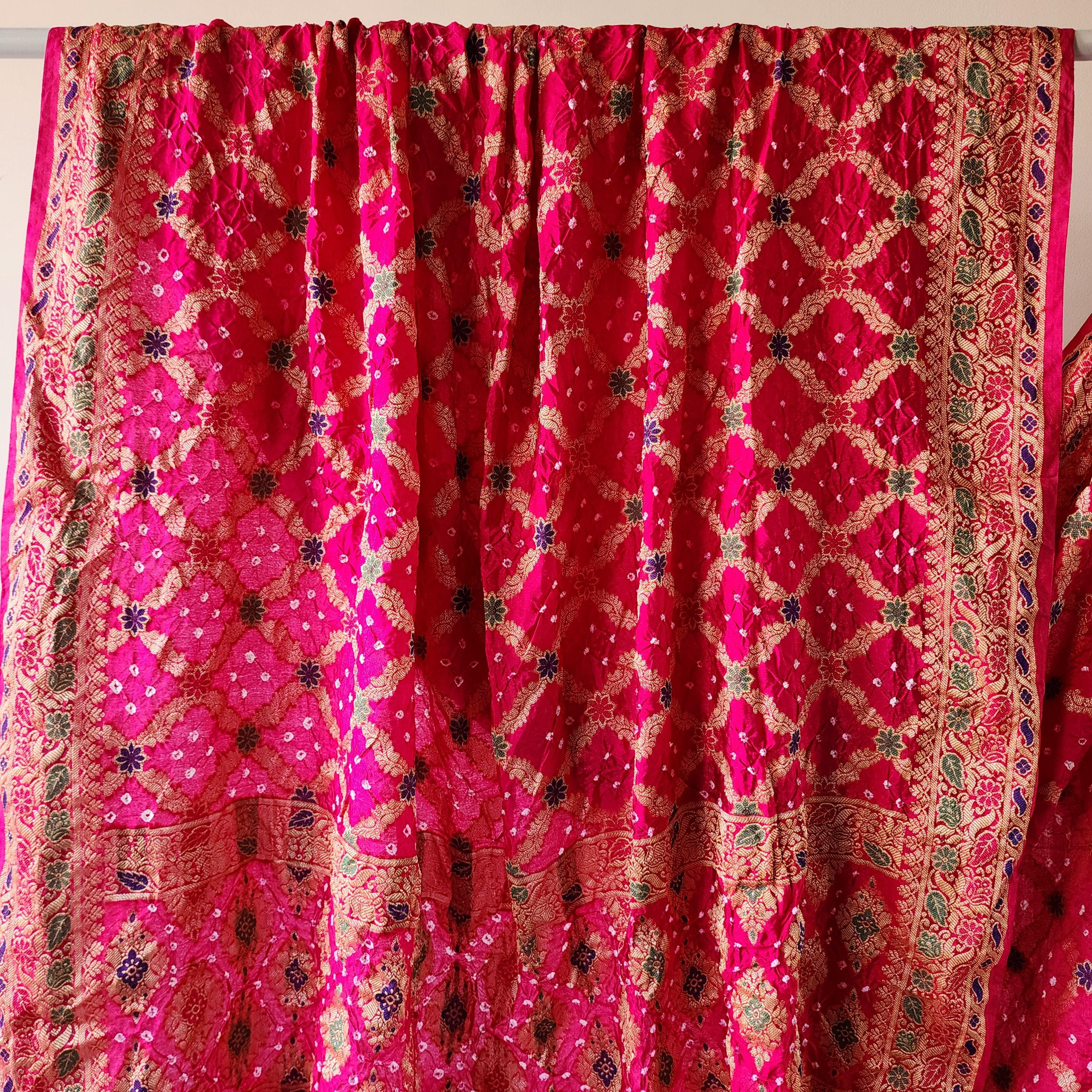 Rani Pink Bandhni dupatta with Banarasi Meenakari work