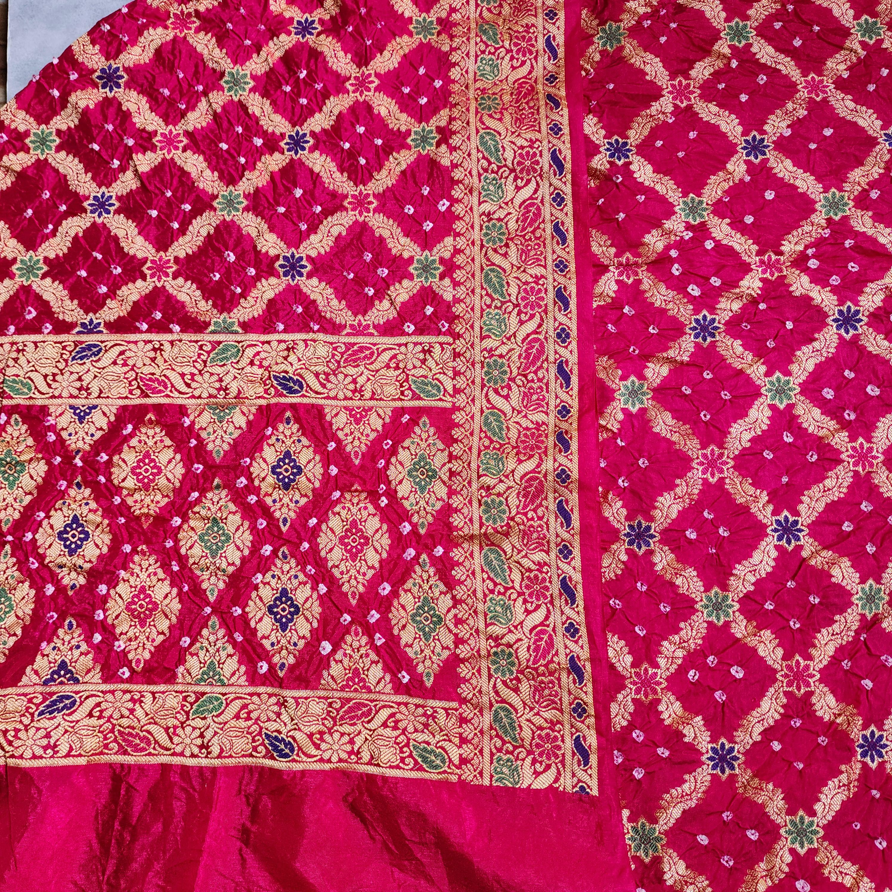 Rani Pink Bandhni dupatta with Banarasi Meenakari work