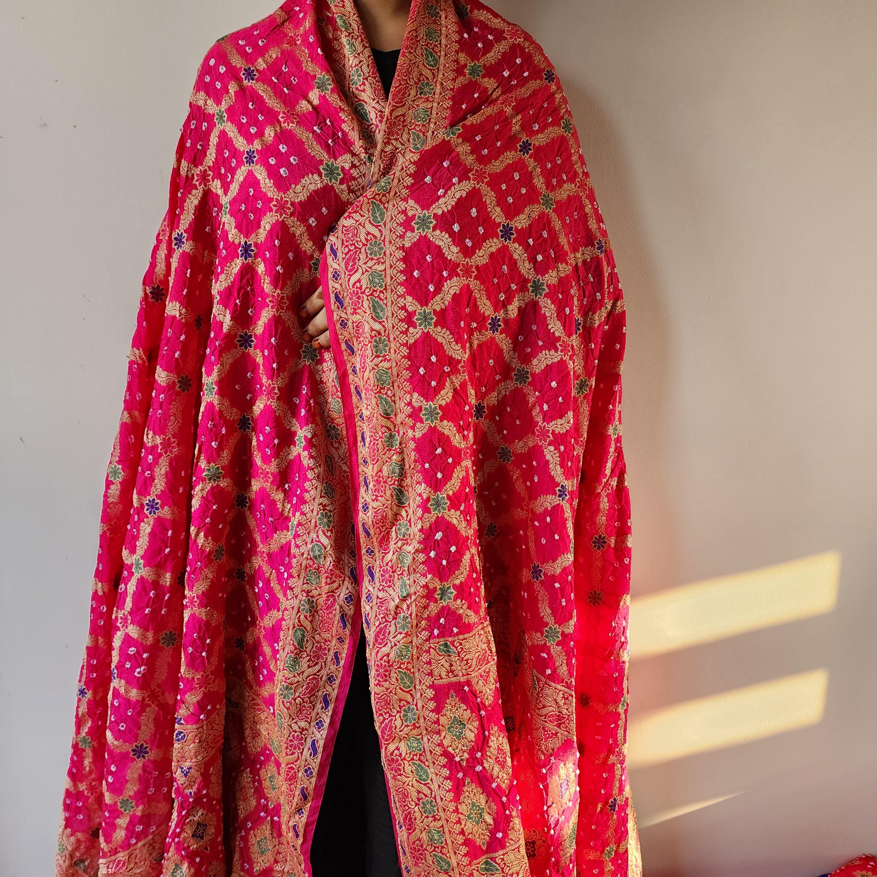 Rani Pink Bandhni dupatta with Banarasi Meenakari work