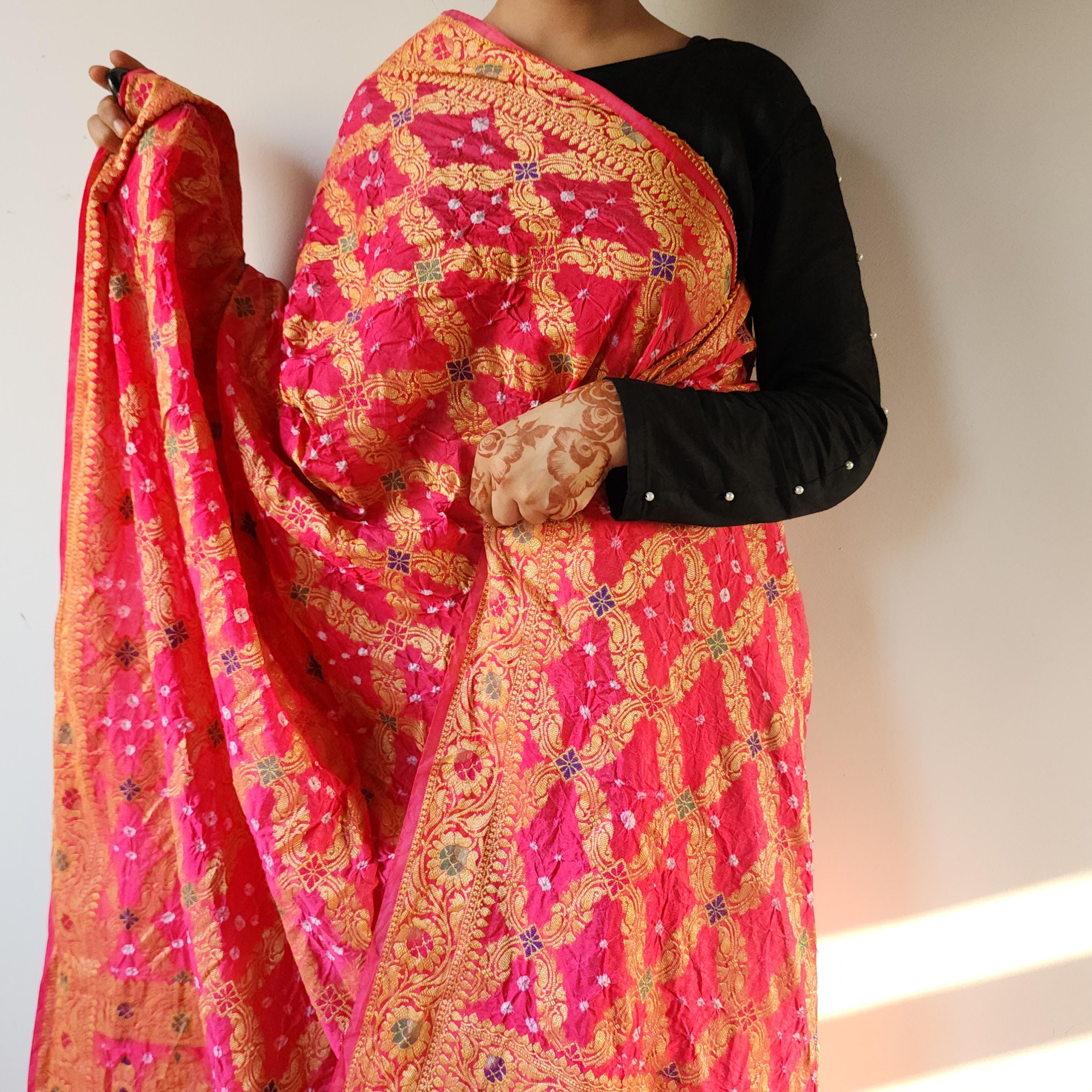 Pink Bandhni dupatta with floral motifs & Banarasi Meenakari work