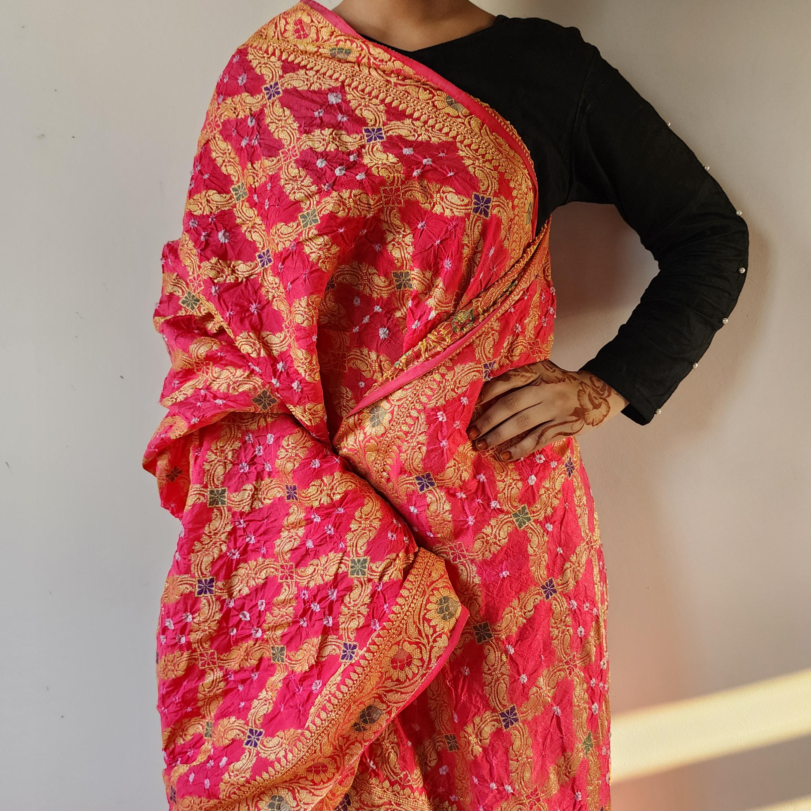 Pink Bandhni dupatta with floral motifs & Banarasi Meenakari work