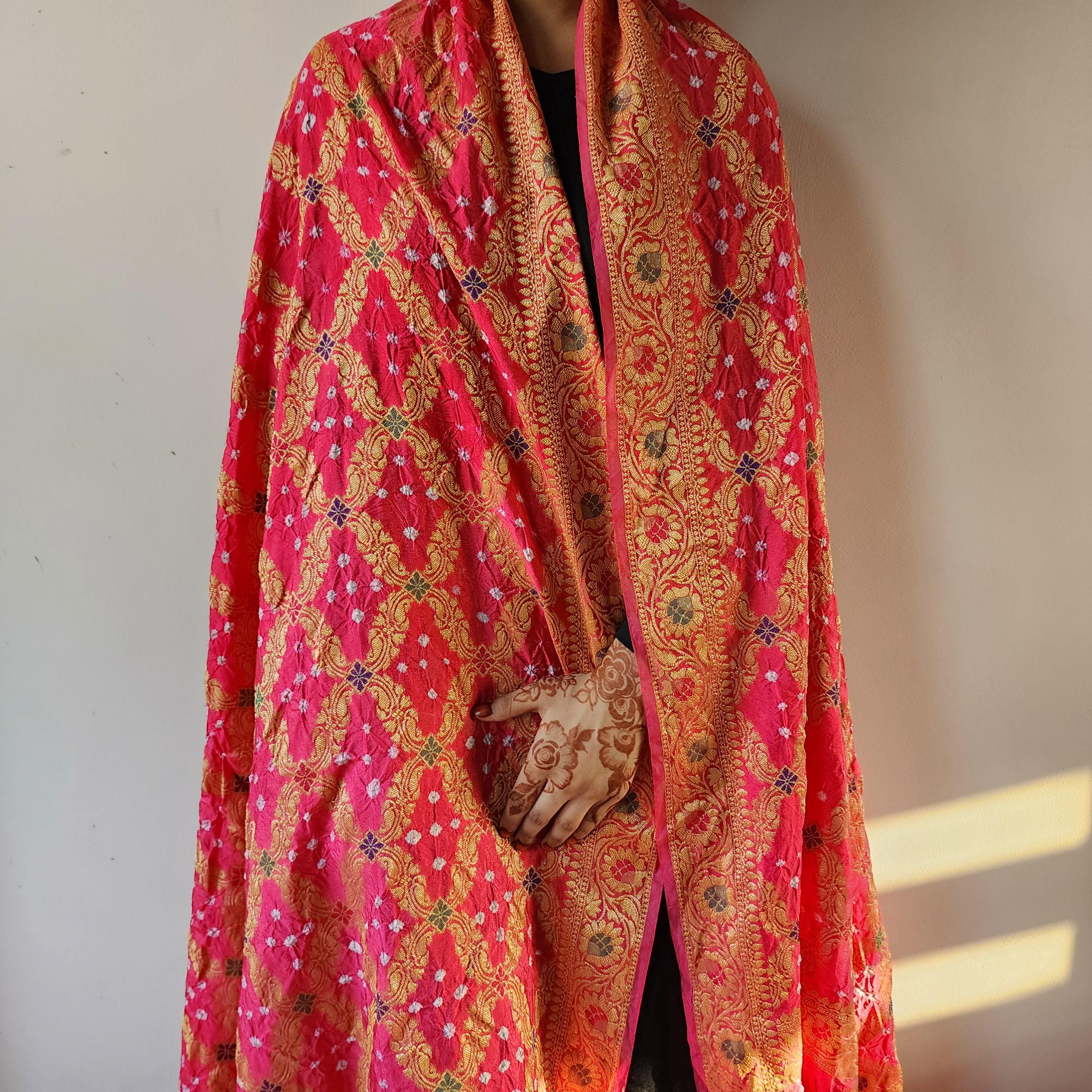 Pink Bandhni dupatta with floral motifs & Banarasi Meenakari work