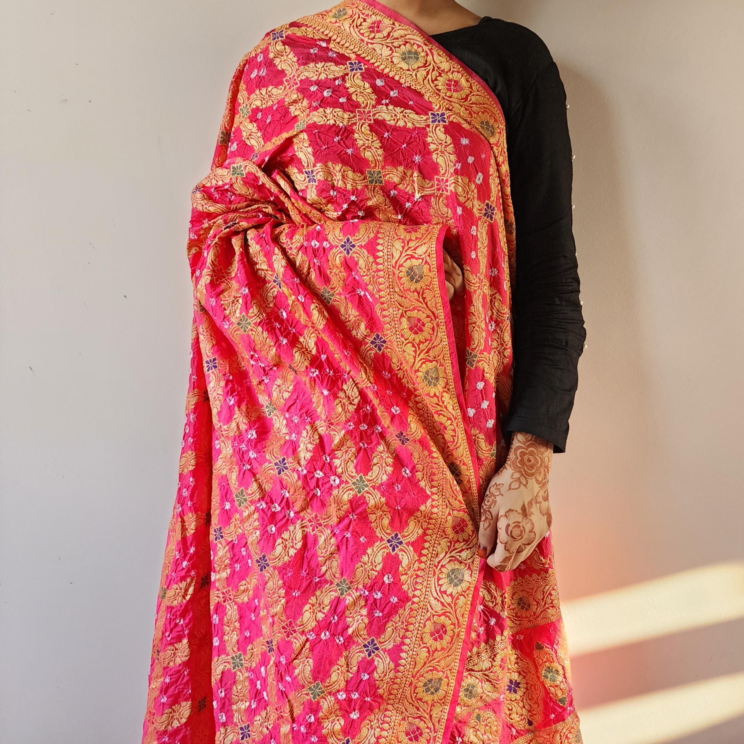 Pink Bandhni dupatta with floral motifs & Banarasi Meenakari work
