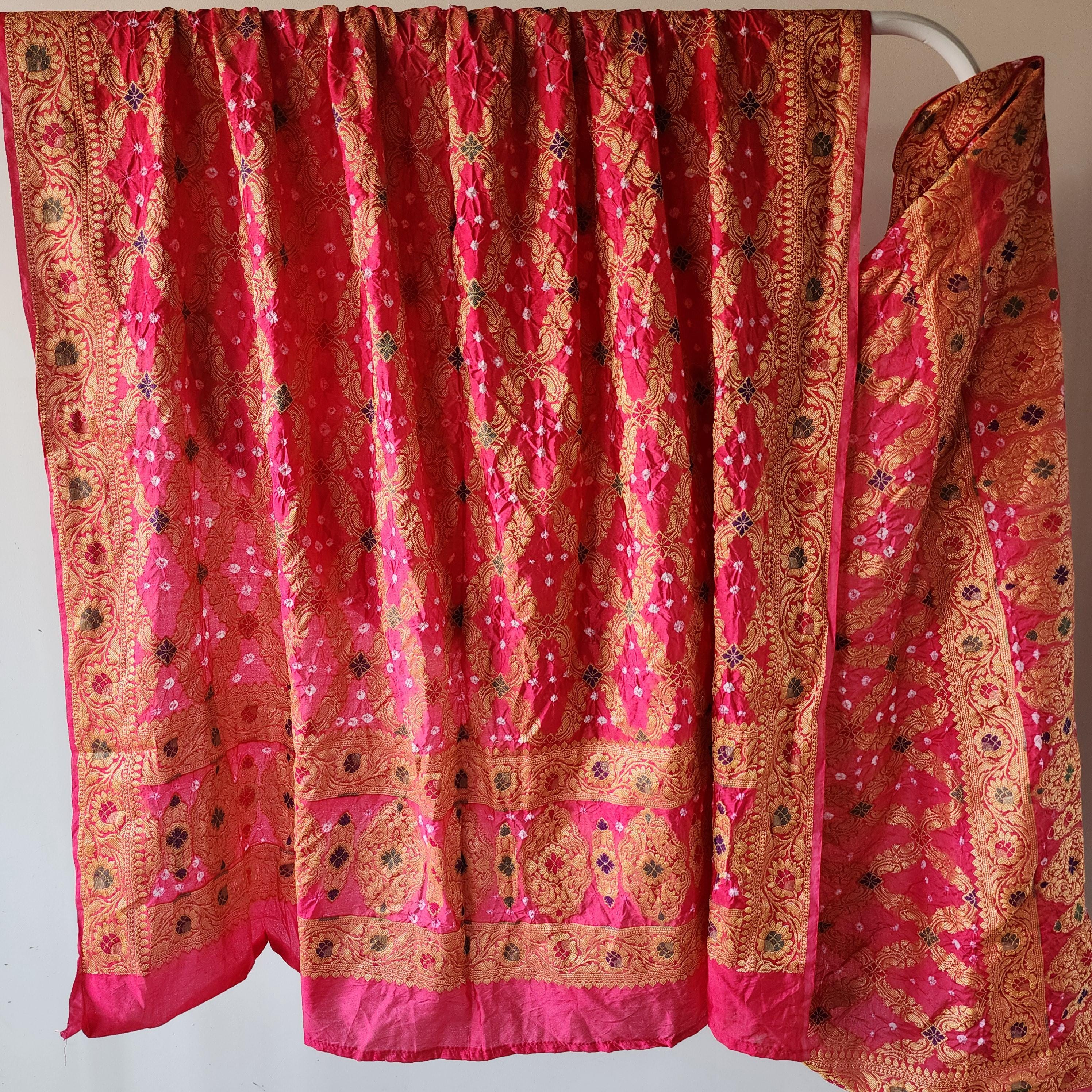 Pink Bandhni dupatta with floral motifs & Banarasi Meenakari work