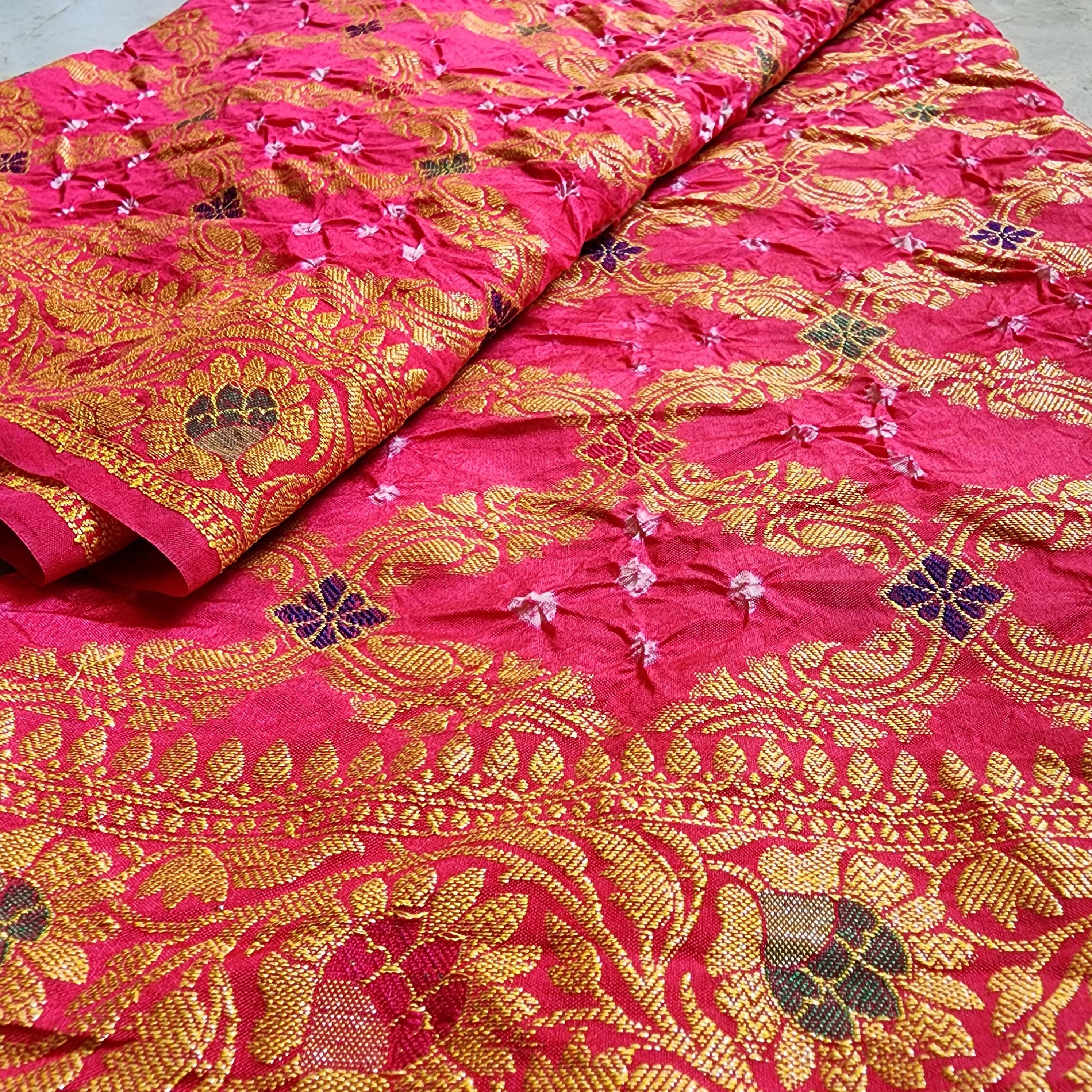 Pink Bandhni dupatta with floral motifs & Banarasi Meenakari work