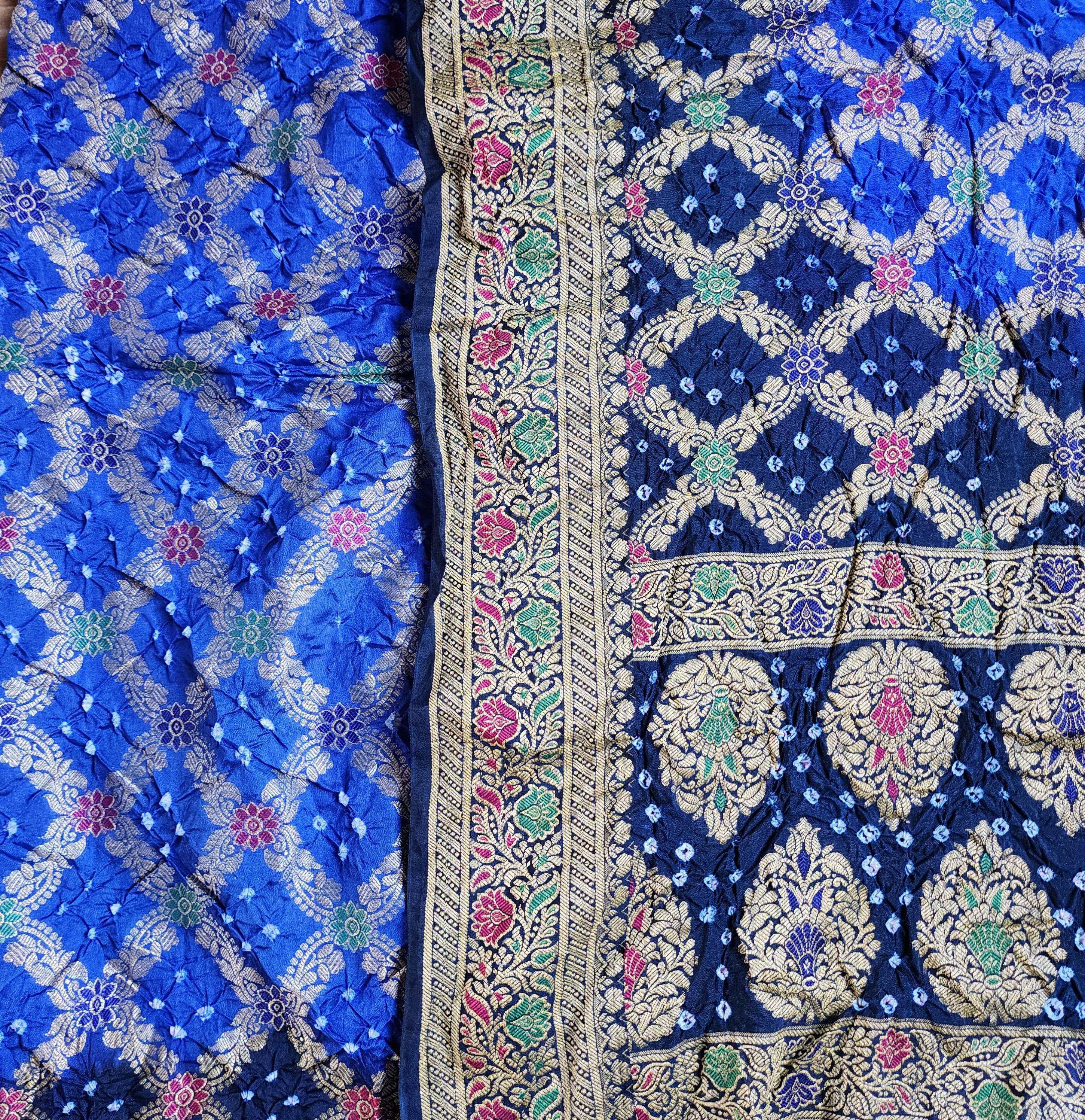 Dual-toned Royal Blue & Navy Bandhni dupatta with Banarasi Meenakari work