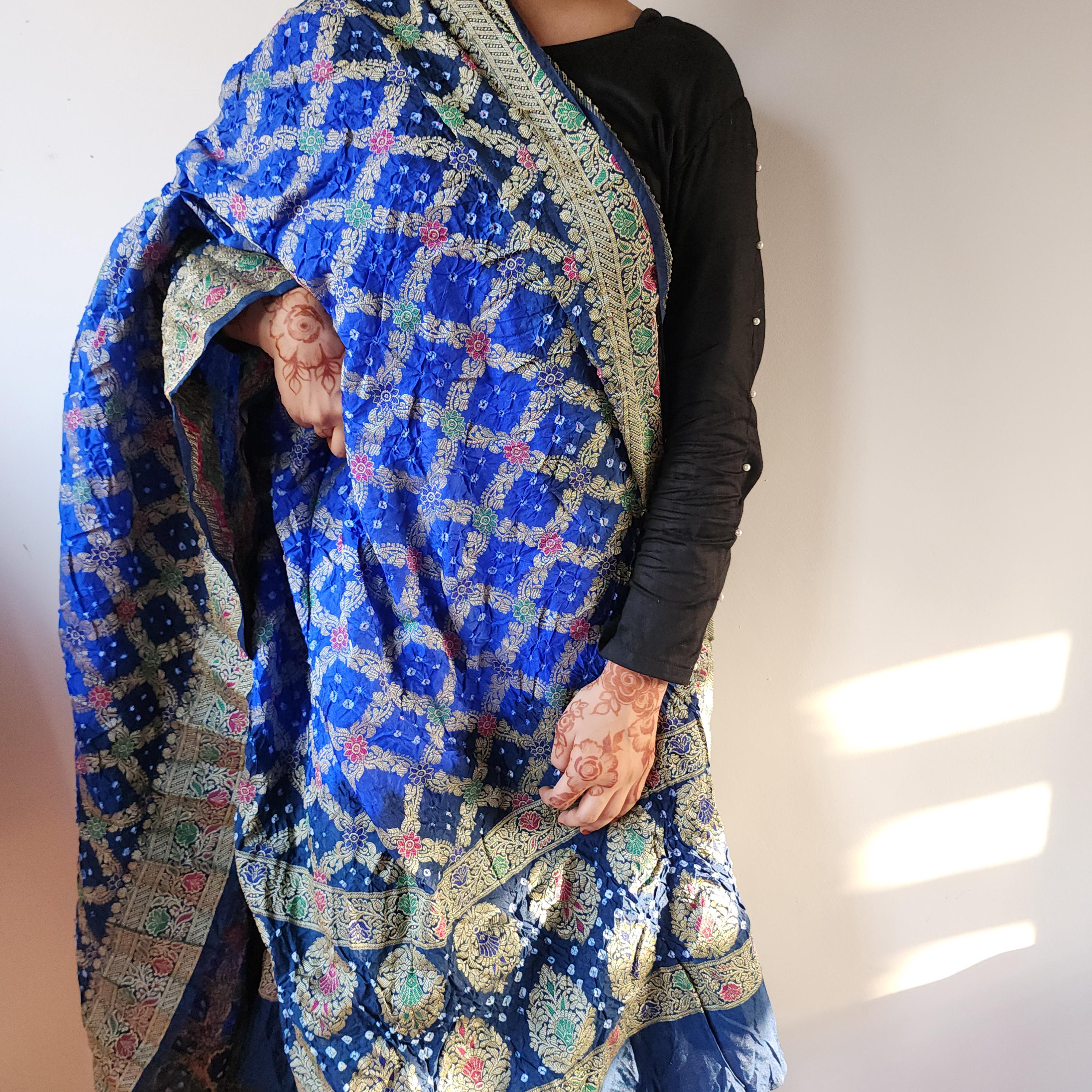 Dual-toned Royal Blue & Navy Bandhni dupatta with Banarasi Meenakari work