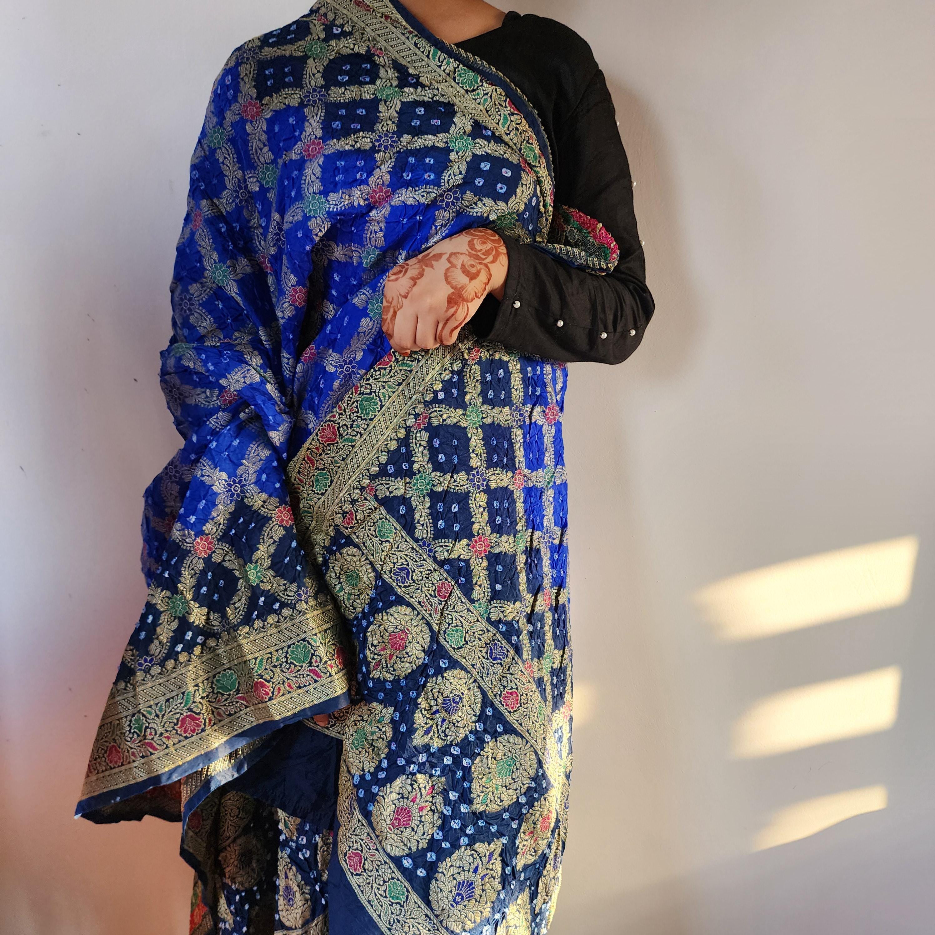 Dual-toned Royal Blue & Navy Bandhni dupatta with Banarasi Meenakari work
